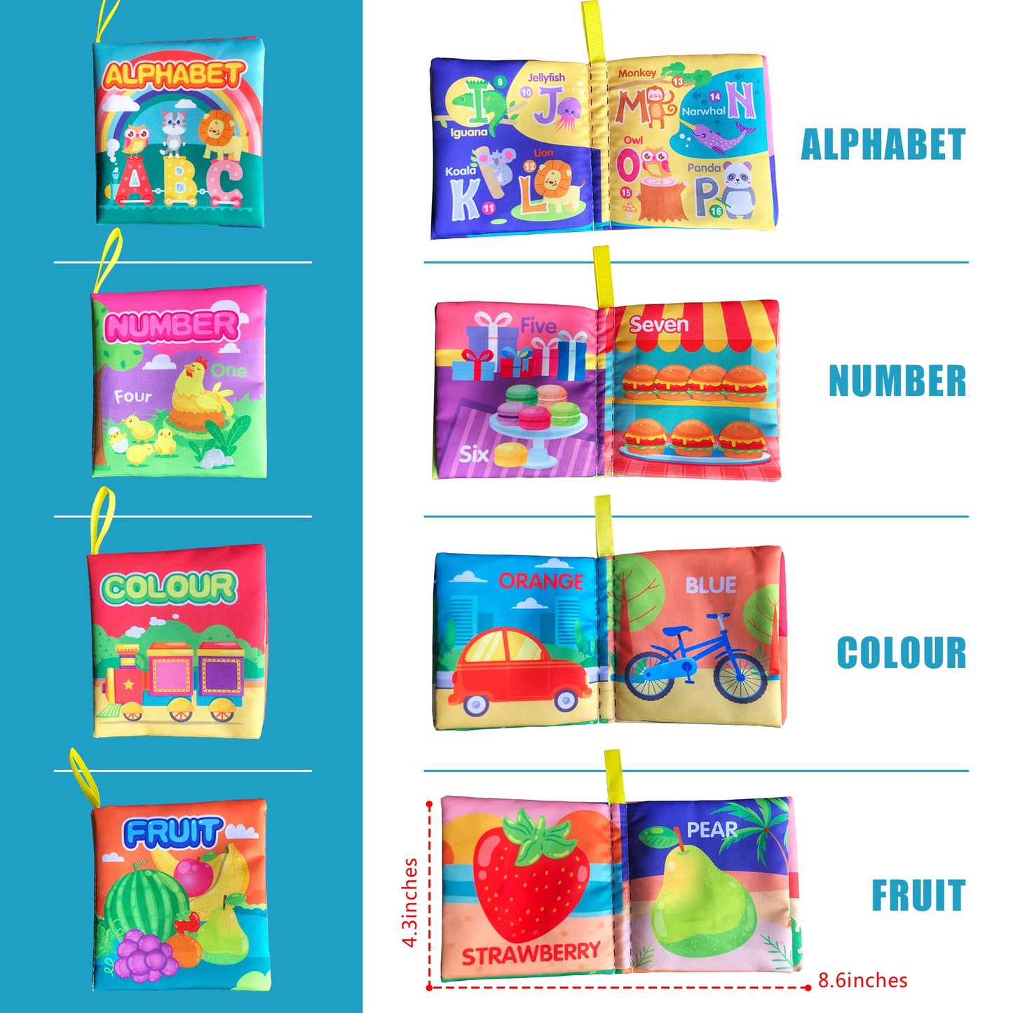 AMINFUN Soft Cloth Baby Books 4 Pack,ABC-Z&1-10&Colour&Fruit,Touch Crinkle Sensory Toys for Newborn Infants Toddler Non-Toxic Early Educational