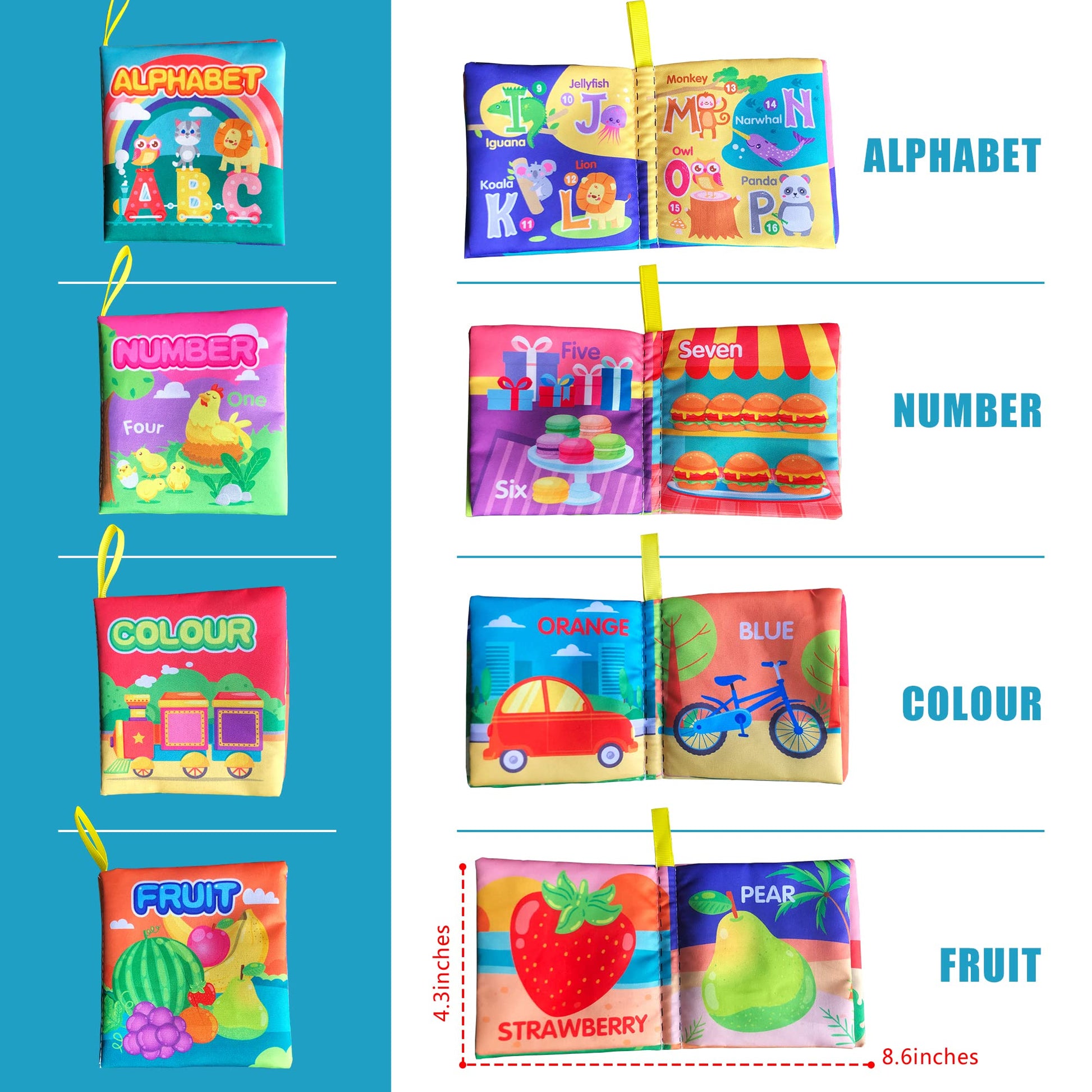 AMINFUN Soft Cloth Baby Books 4 Pack,ABC-Z&1-10&Colour&Fruit,Touch Crinkle Sensory Toys for Newborn Infants Toddler Non-Toxic Early Educational