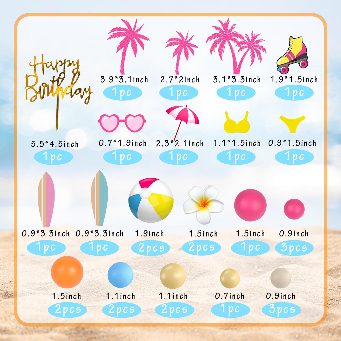 Summer Hawaiian Cake Topper with Beach Ball Sun Umbrella Goggles Beach Cake Decorations for Summer Holiday Theme Birthday Supplies (Surfboard)