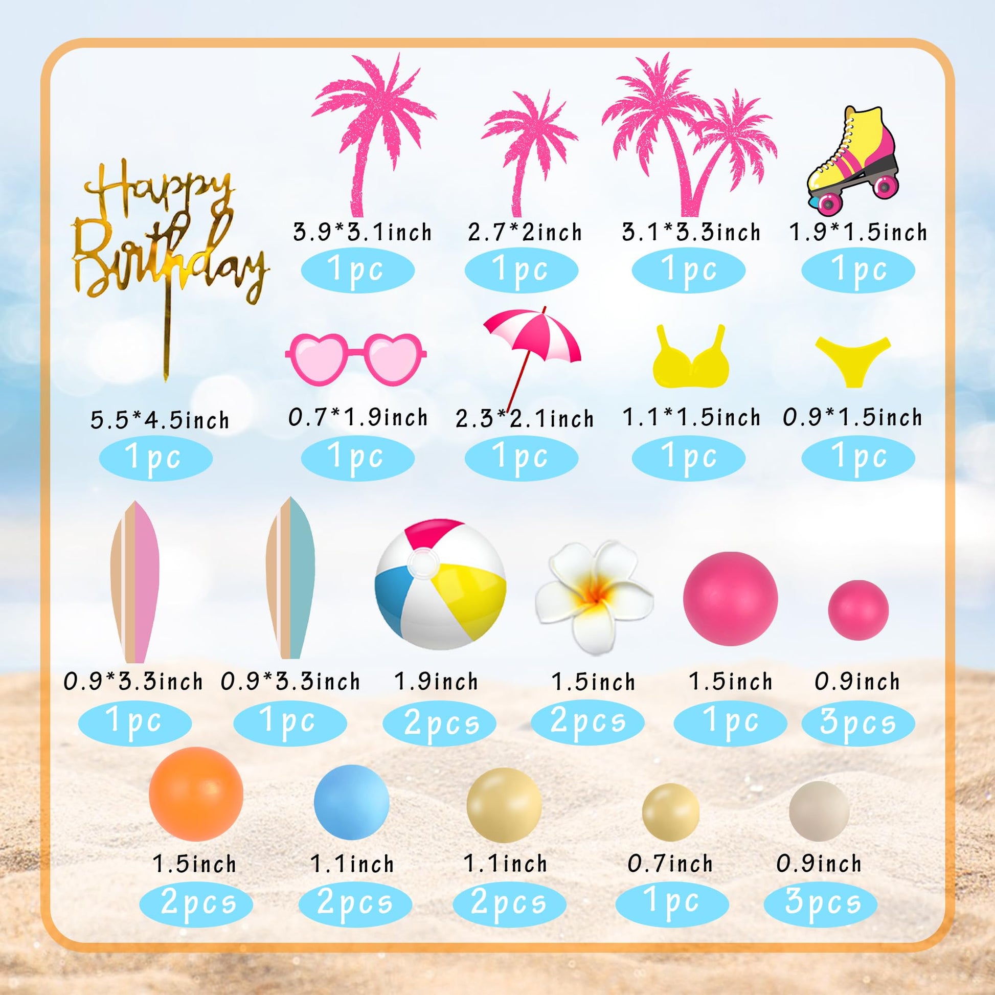 Summer Hawaiian Cake Topper with Beach Ball Sun Umbrella Goggles Beach Cake Decorations for Summer Holiday Theme Birthday Supplies (Surfboard)