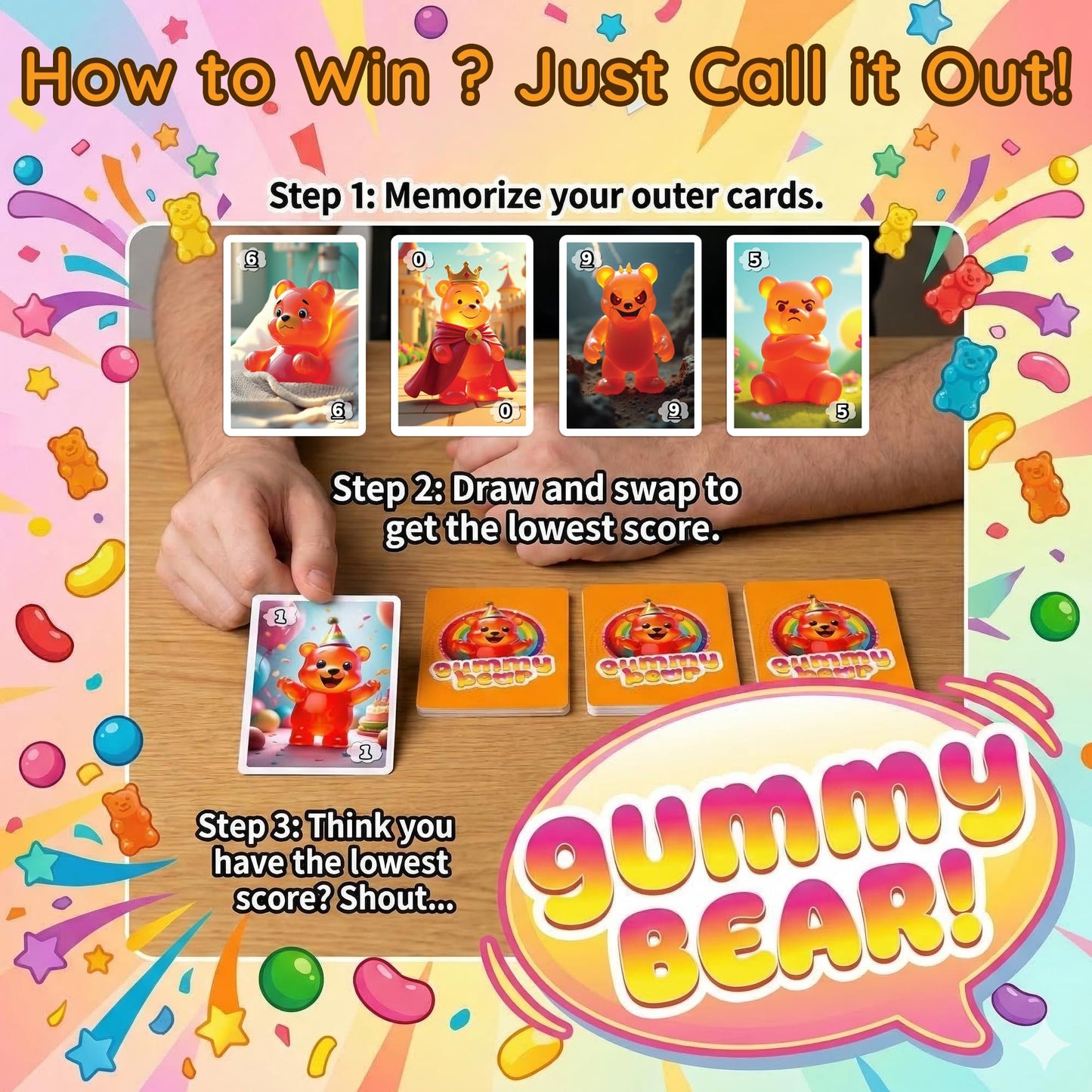 Point Games Gummy Bear Card Game Fun Math & Memory Strategy Game for Kids & Families - Includes 54 Cards & Action Cards - Ages 6+ - 2 to 6 Players