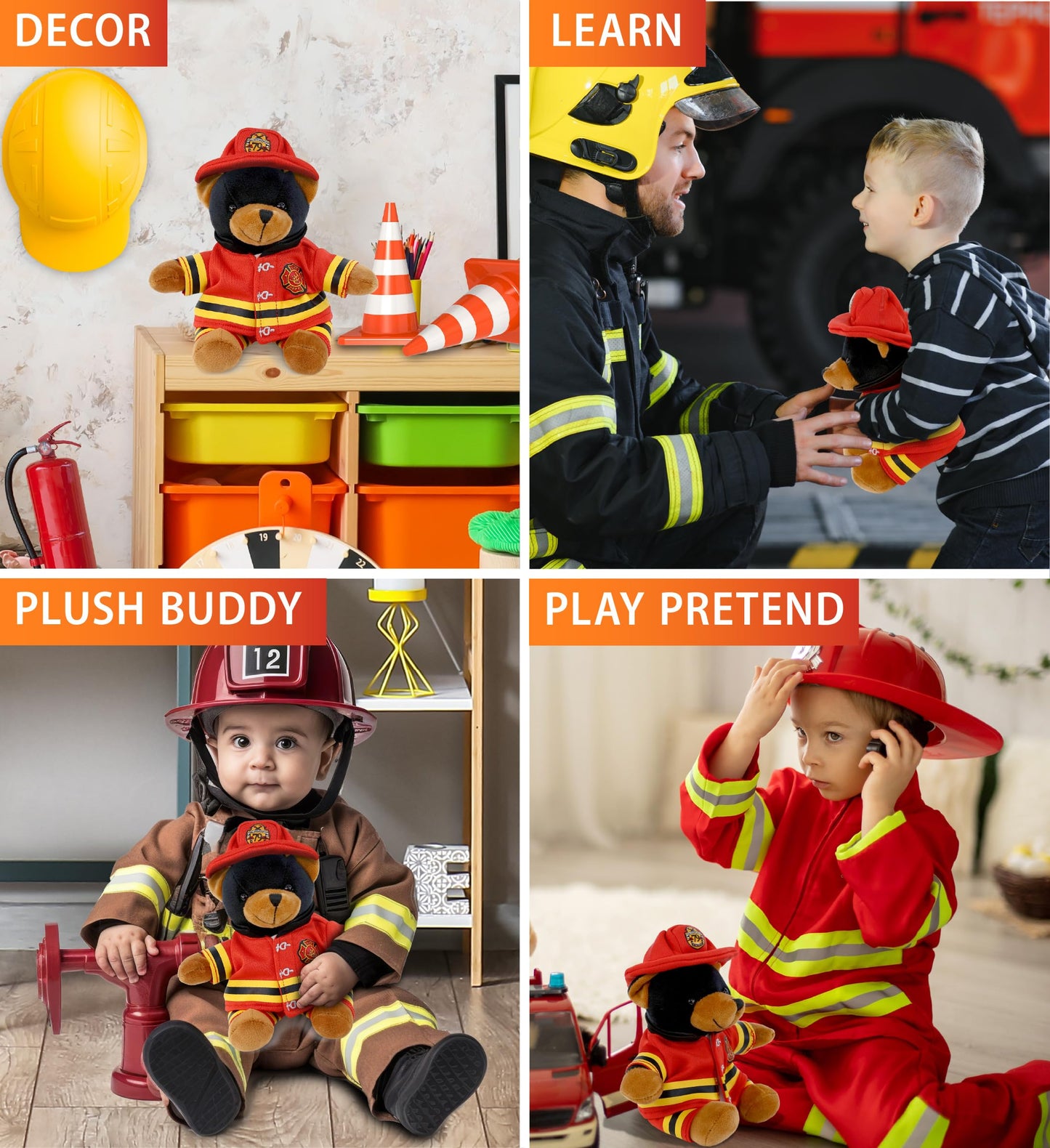 DolliBu Black Bear Firefighter Stuffed Animal with Name Personalization - Super Soft Bear with Red Fireman Costume Outfit and Fireman Hat, Cute Fire