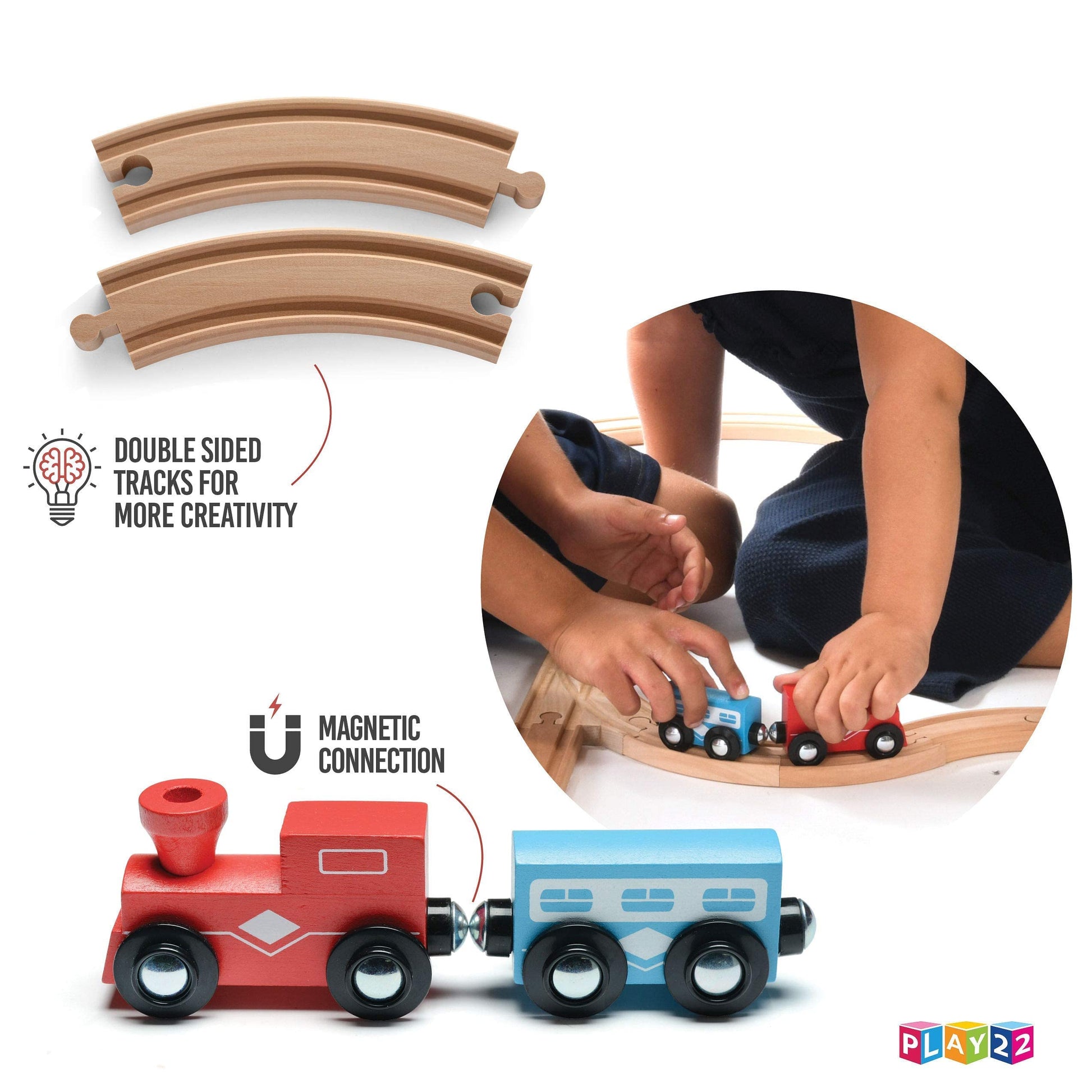 Wooden Train Tracks - 52 PCS Wooden Train Set + 2 Bonus Toy Trains - Train Sets For Kids - Car Train Toys Is Compatible With Thomas Wooden Railway
