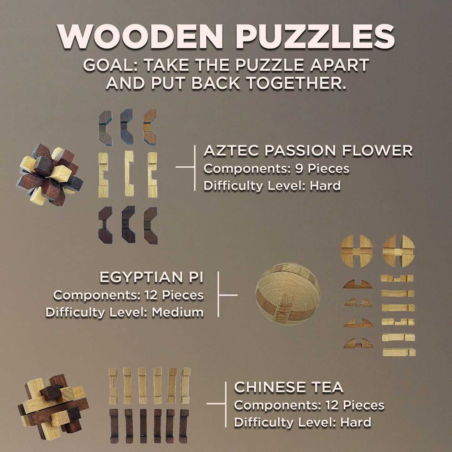 Project Genius True Genius CURATED Collection - Variety Pack, Assembly Puzzle, Disassembly Puzzle, Brain teasers, Adult Puzzle, Wooden and Metal Brain