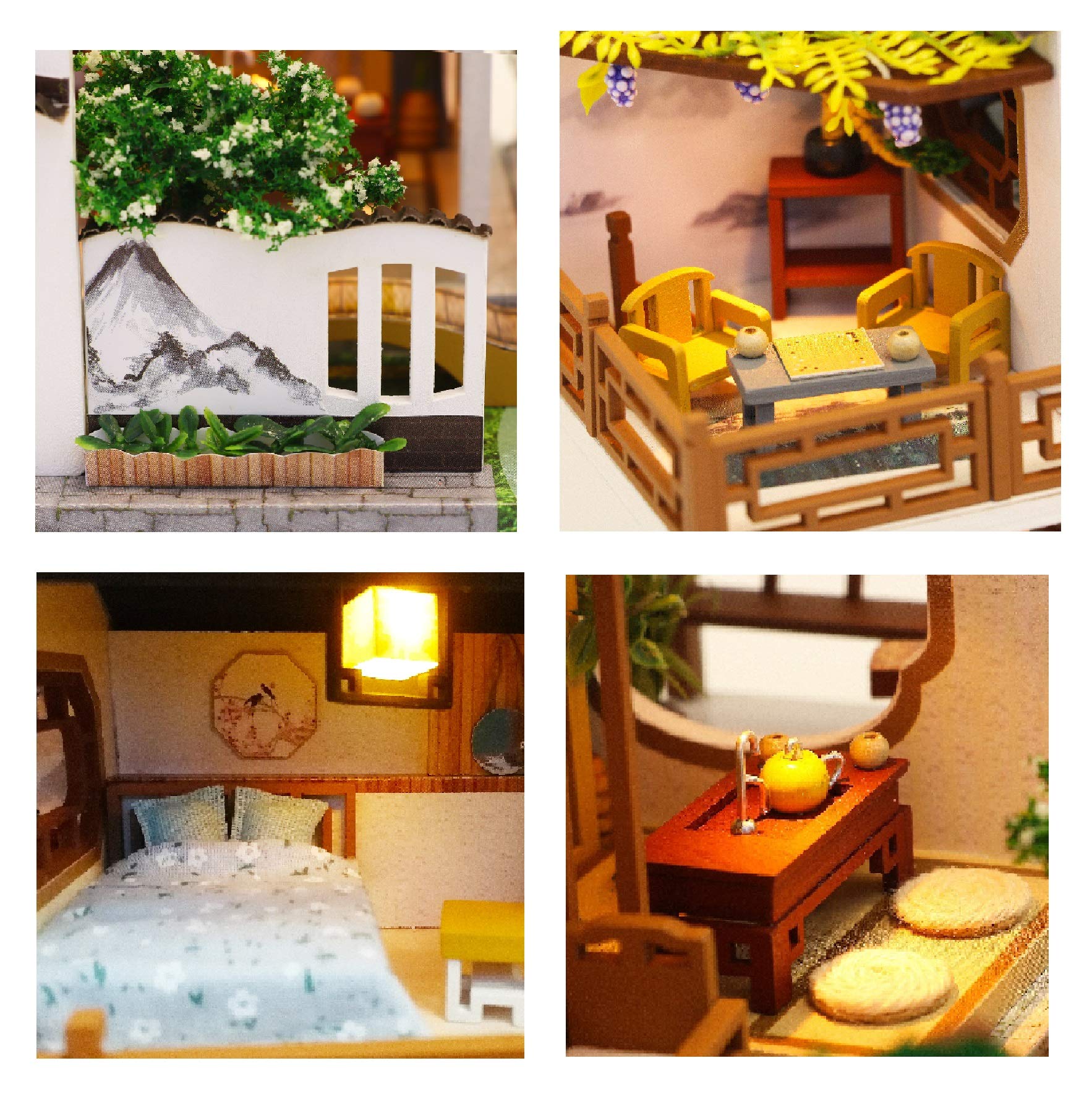 Cool Beans Boutique Miniature DIY Dollhouse Kit - Wooden Asian Dollhouse Traditional Home - with Dust Cover - Architecture Model kit (English Manual)