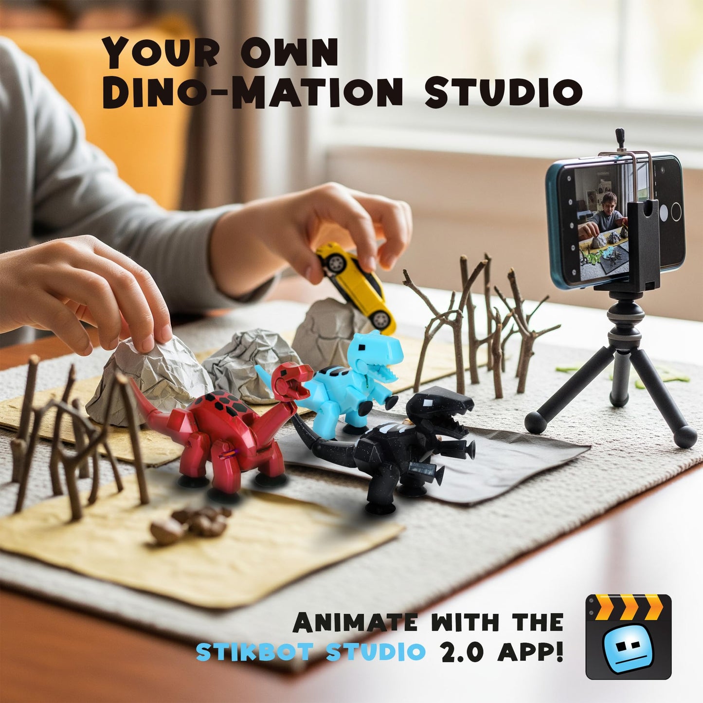 Zing Stikbot MEGA Dino 3 Pack - Includes Brontosaurus, T-Rex, and Carnotaurus, Create Stop Motion Animation, for Ages 4 and Up (Ice Blue, Space Black