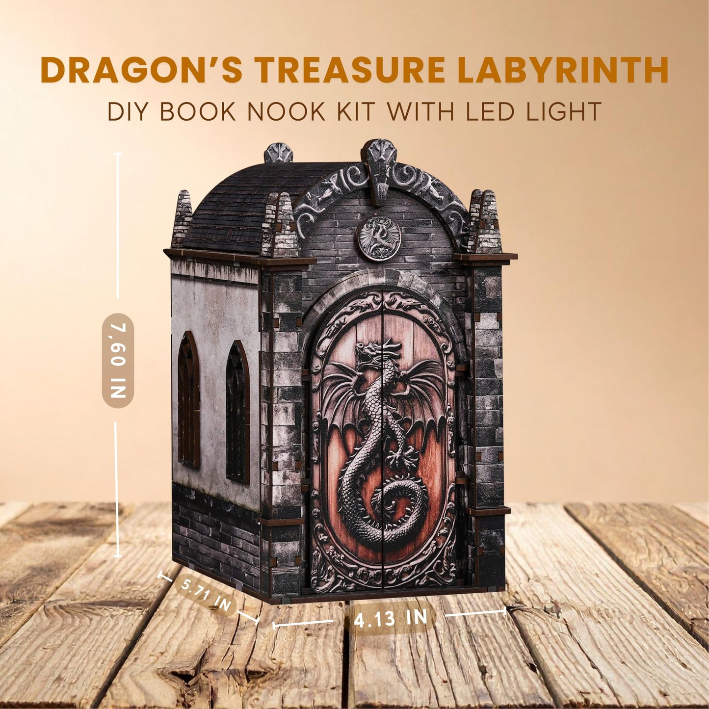 DIY Book Nook Kit, Dragons Treasure Labyrinth Miniature House Kit for Adults - 3D Wooden Puzzle Bookshelf Insert with LED Light, Touch Switch