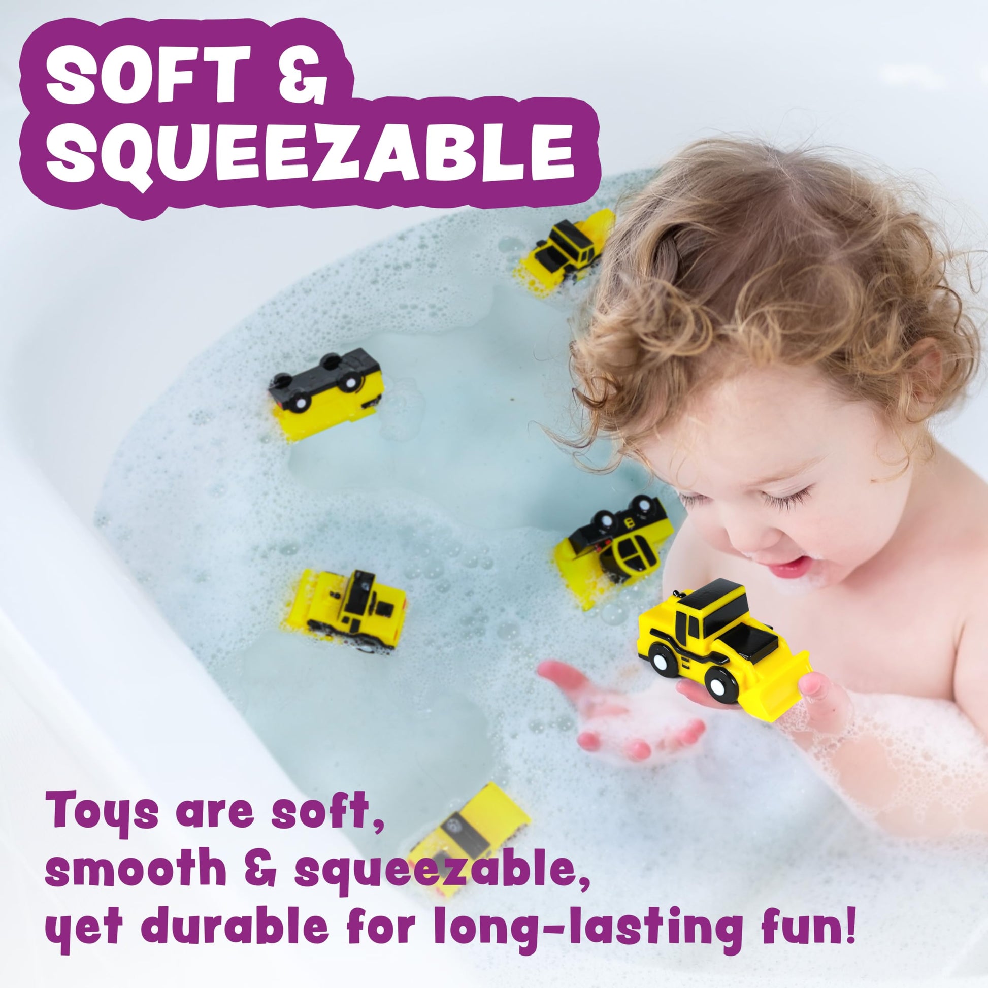 Tub Works® Construction™ Trucks Mold Free Bath Toys, 6 Pack | Sealed, No Hole Bath Toys Design Keeps Moisture Out | Soft, Squeezable & Float on Water