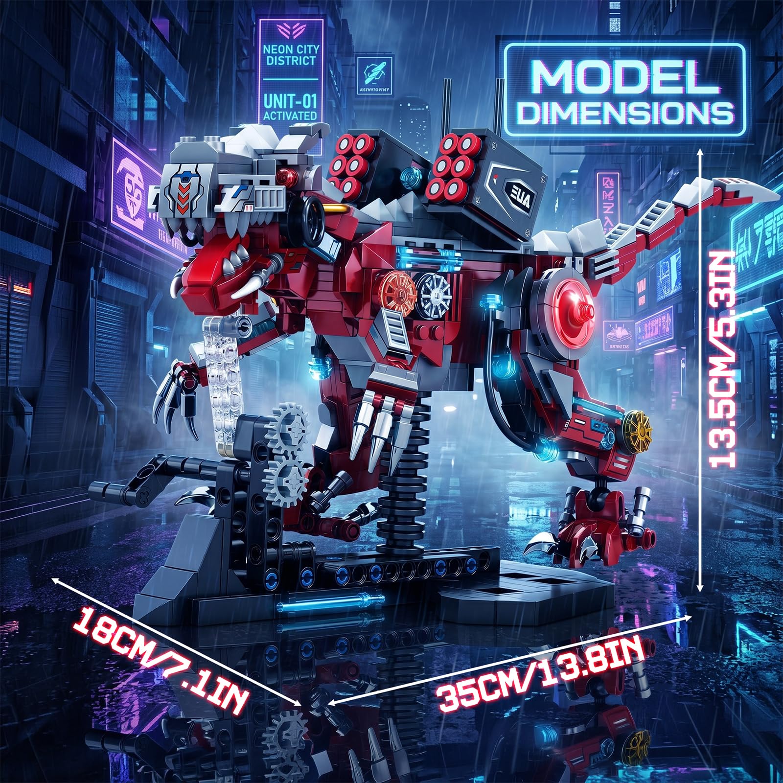 BOIQJSI Sci-Fi Mechanical T-Rex Building Blocks Set-Collectible Dinosaur Model with Movable Gears & Motor, Complete with Display Stand, Great Hobby