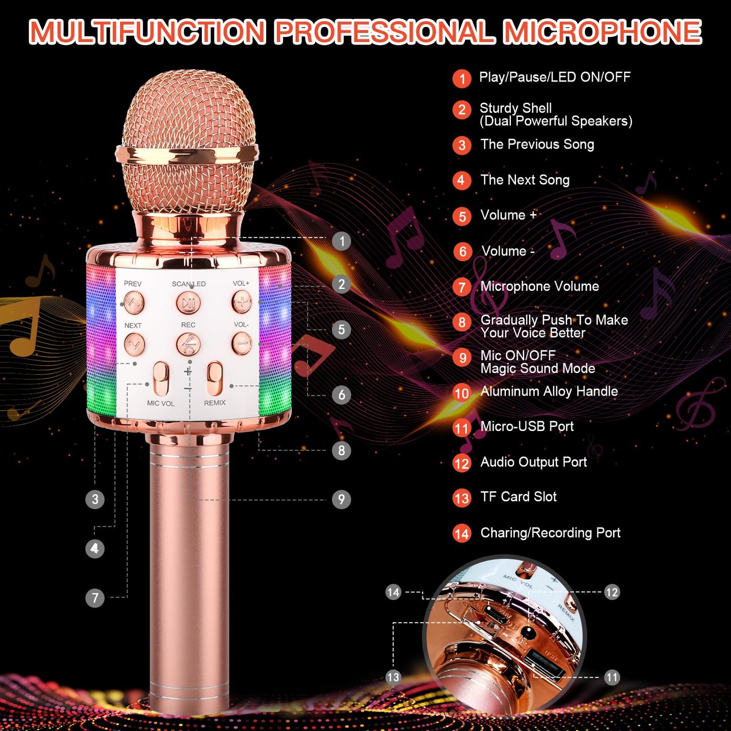 ShinePick Karaoke Microphone, 4 in 1 Wireless Microphone with LED Lights Handheld Portable Karaoke Machine, Home KTV Player, Compatible with Android &