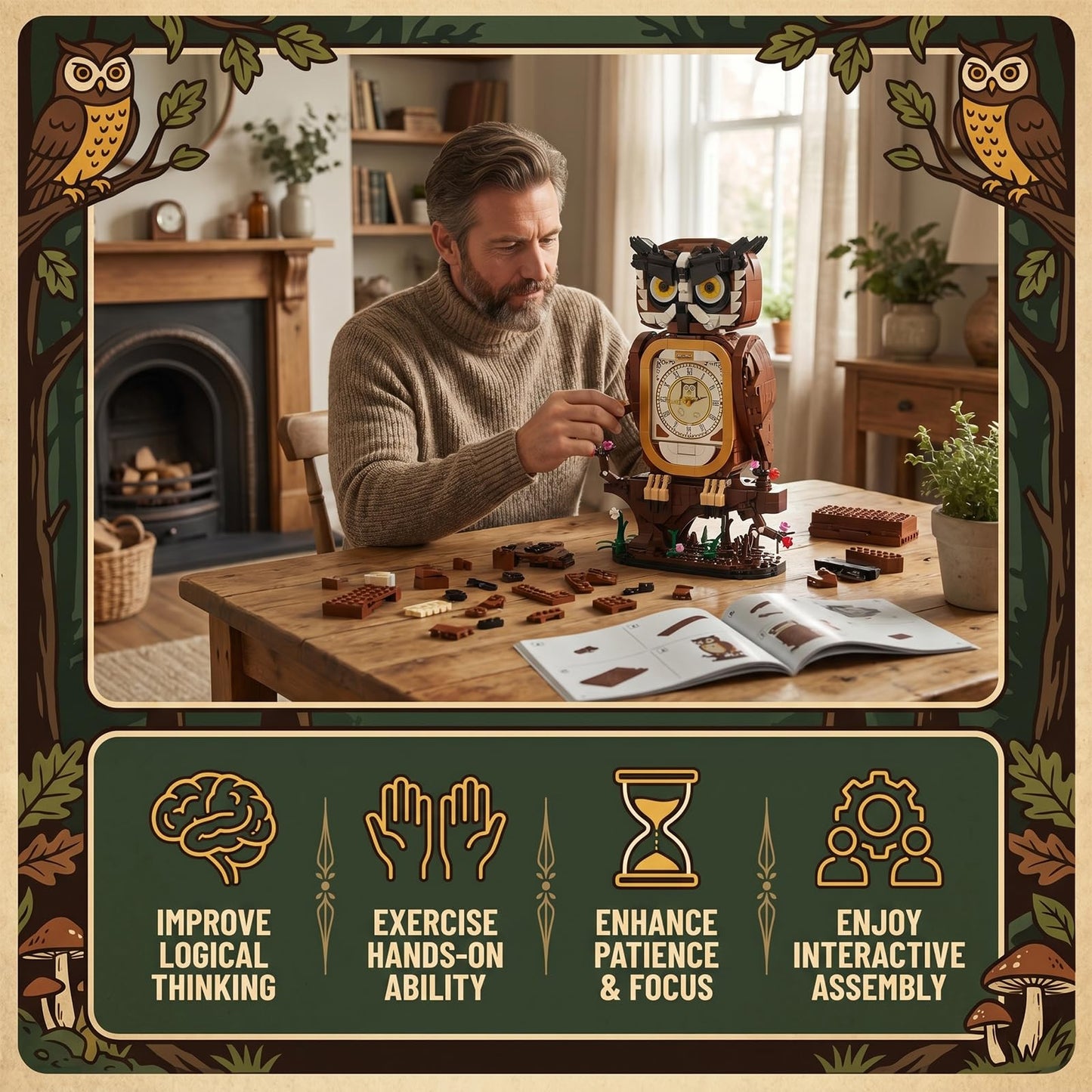 HJPLPXH Owl Clock Building Block Set, Working Clock Display Gift for Adult