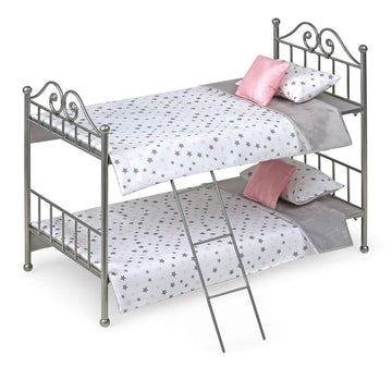 Badger Basket Metal Doll Bunk Bed - Scrollwork Frame with Ladder, Reversible Bedding and Pillows - Fits 18 Inch Girl Doll Furniture - Silver and Pink