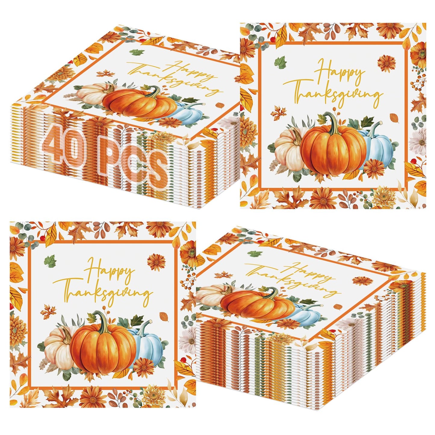 40 Pcs Happy Thanksgiving Napkins - 6.5 Inch Fall Watercolor Paper Napkins, 3-ply Disposable Pumpkin Maple Leaf Cocktail Napkin Tableware Set