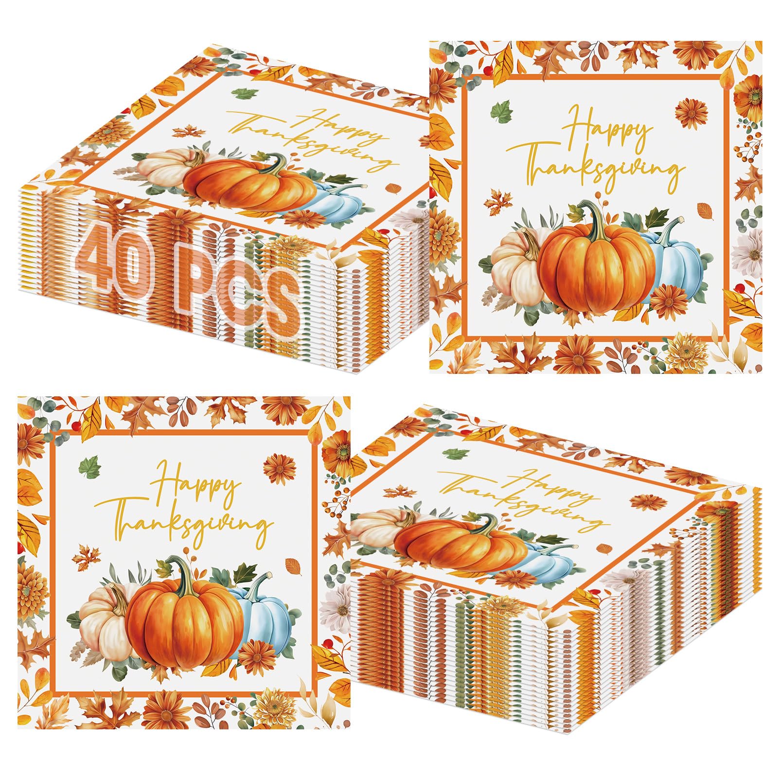 40 Pcs Happy Thanksgiving Napkins - 6.5 Inch Fall Watercolor Paper Napkins, 3-ply Disposable Pumpkin Maple Leaf Cocktail Napkin Tableware Set
