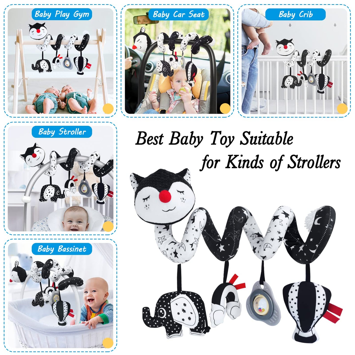 FATI Car Seat Toys for Babies 0-6 Months, Black and White High Contrast Baby Spiral Carseat Toy for Infant 0-3, 3-6 Newborn, Stroller Toys for 0 3 6 9