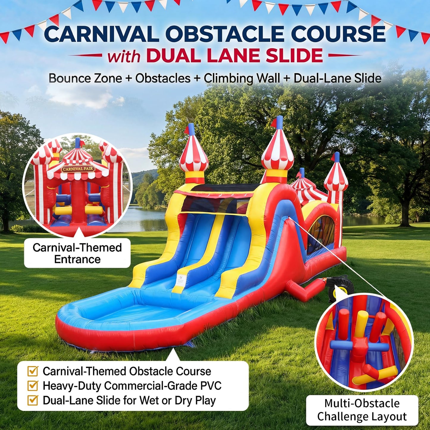 Wonder Dome Kids Backyard 28FT Carnival Theme Obstacle Course Water Slide