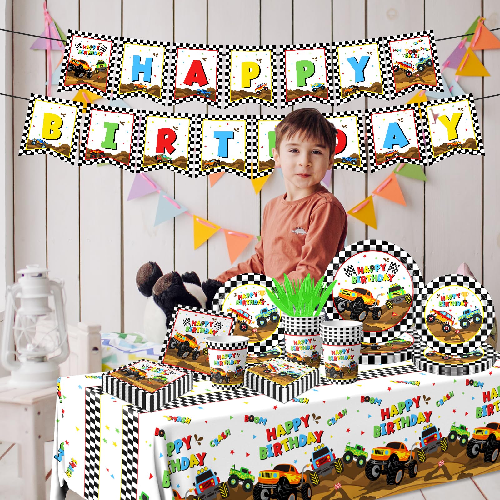 Dydamud Monster Truck Party Supplies,Monster Machine Happy Birthday Checkered Tableware Sets Include Monster Trucks Theme Party Paper Plate Napkins