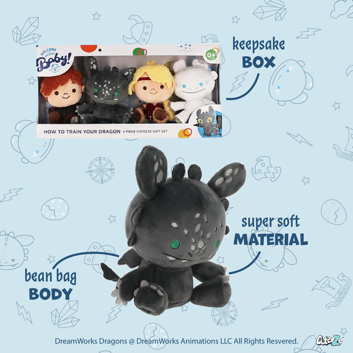 Kids Preferred How to Train Your Dragon 4 Pc Cuteeze Set - 6 Inch Hiccup, Toothless, Astrid, & Light Fury Plush, Beans in Body, for Baby Boys & Girls