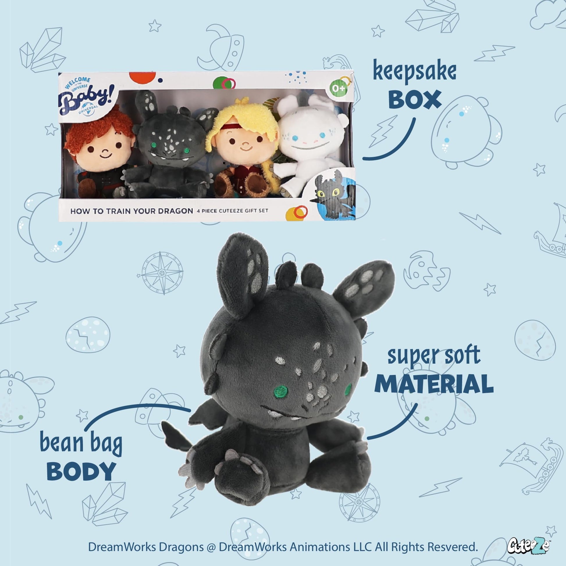 Kids Preferred How to Train Your Dragon 4 Pc Cuteeze Set - 6 Inch Hiccup, Toothless, Astrid, & Light Fury Plush, Beans in Body, for Baby Boys & Girls