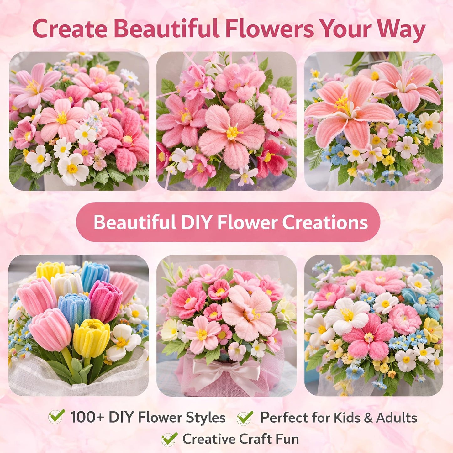 Party Rose 650PCS Pipe Cleaners Craft, Pipe Cleaner Bulk Flower Kit, 6 Colors Chenille Stems Flower Making Kit with Floral Wires, Gardening Tape