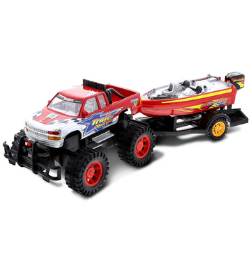 Mozlly Monster Truck Toys Set with Trailer Toy Boat - Friction Powered Hauling Truck and Trailer Toy, Big Toy Monster Truck with Boat, Adventure Truck