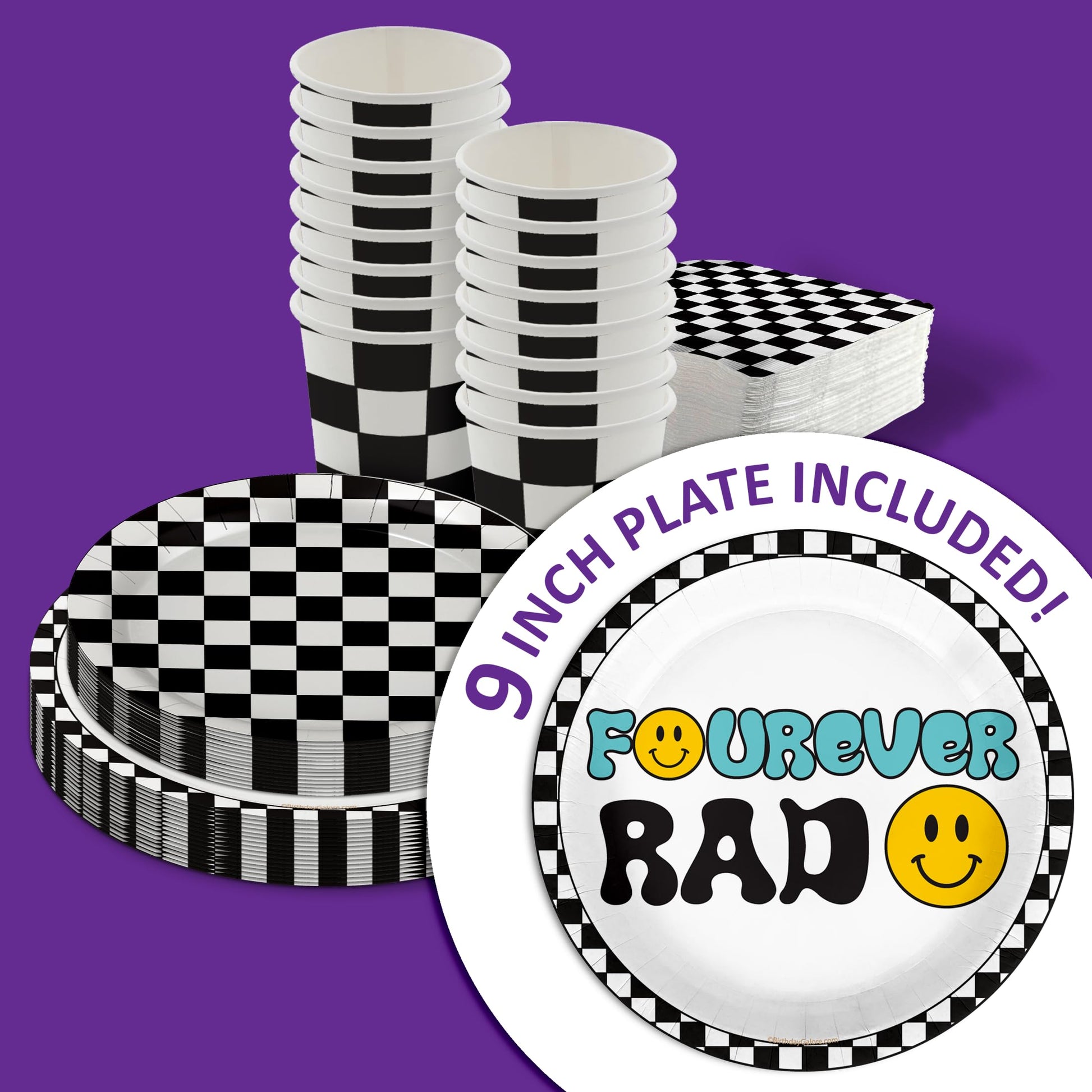 Fourever Rad Smiley Face 4th Birthday Party Supplies - 64 Piece Boys Fourth Birthday Tableware Set Includes Large 9" Dinner Plates and 8" Dessert