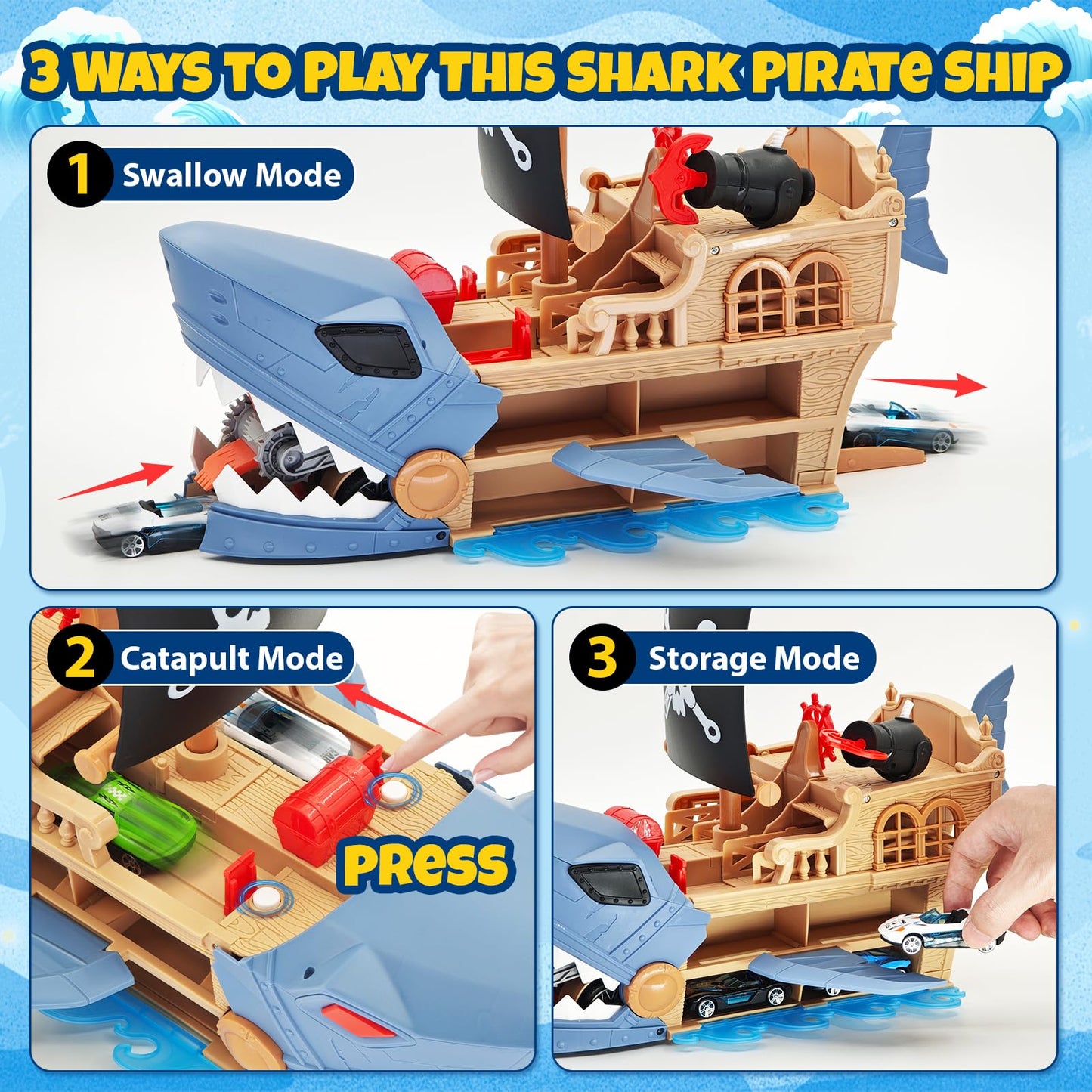 DUKVSG Shark Pirate Ship Toy Car Playset with Biting Jaws, 8 Race Cars, Launching Anchor and Turret, Great Play Shark Corsair & Race Cars, Birthday