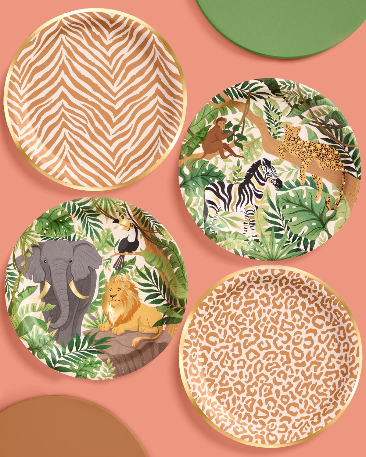 xo, Fetti Animal Print Safari Paper Plates, 4 Designs | 24 pcs 9" | Kids Decorations, Jungle Party Setting, Wild Birthday Decor, Rainforest