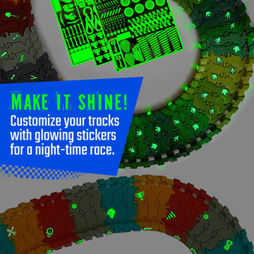 Extra 72 Track Pieces & 3 Glow Sticker Sheets Pack - Expand Your Racetrack Fun! Build Bigger, Race Faster, and Shine Brighter!