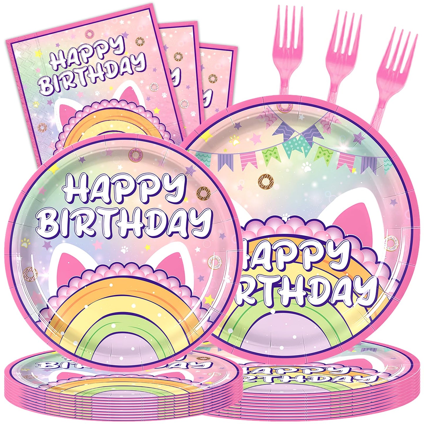 Uywgaun 96 Pcs Cat Birthday Party Decorations Paper Party Plates and Napkins for Cat Themed Party Supplies Dessert Tableware Set for Kids Birthday