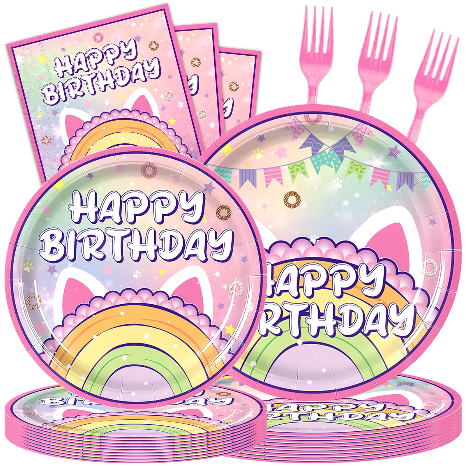 Uywgaun 96 Pcs Cat Birthday Party Decorations Paper Party Plates and Napkins for Cat Themed Party Supplies Dessert Tableware Set for Kids Birthday