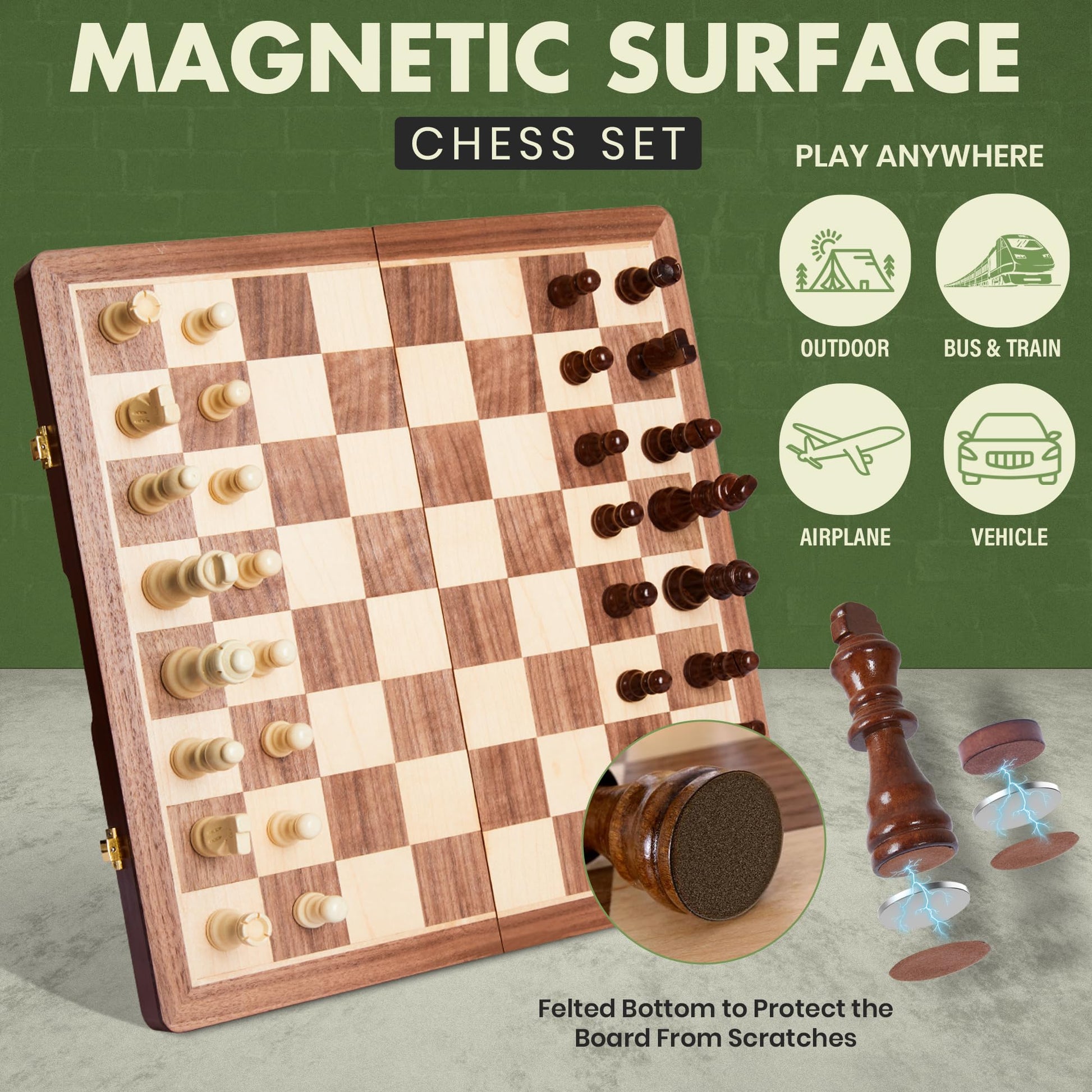 ECOCRAFTER 15'' 2 in 1 Wooden Magnetic chess and checkers set (2 Extra Queens, Foldable Chess set & Cotton Storage Bag) Magnetic Chess Sets for Adults