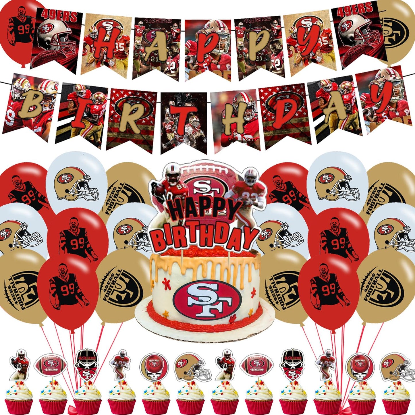 49ers Party Decorations,San Francisco Birthday Party Supplies Includes Banner- Cake Topper - 24 Cupcake Toppers - 18 Balloons