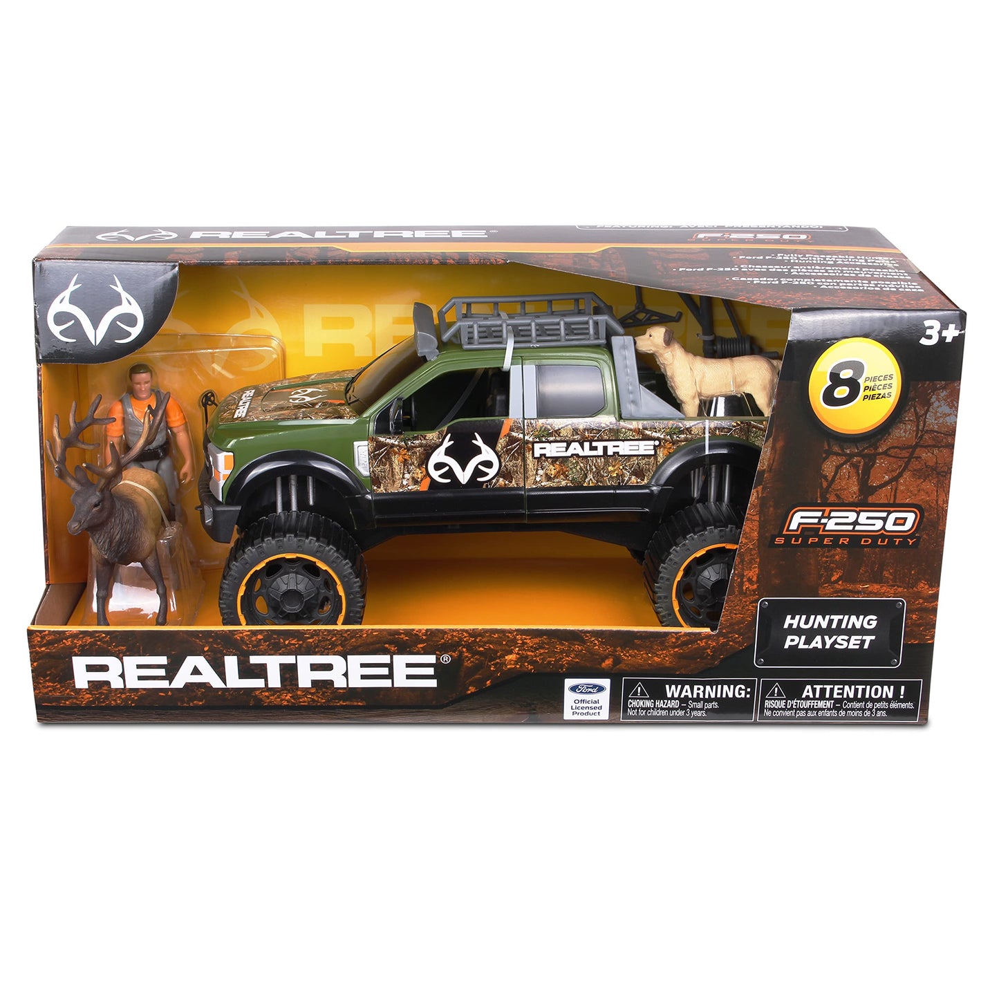 NKOK Realtree Camo 1/18 Scale Free-Wheel 8-PC Play Set, Ford F-250 Super Duty w/Accessories: Roll Bar, Roof Rack, Light Bar, Working Doors