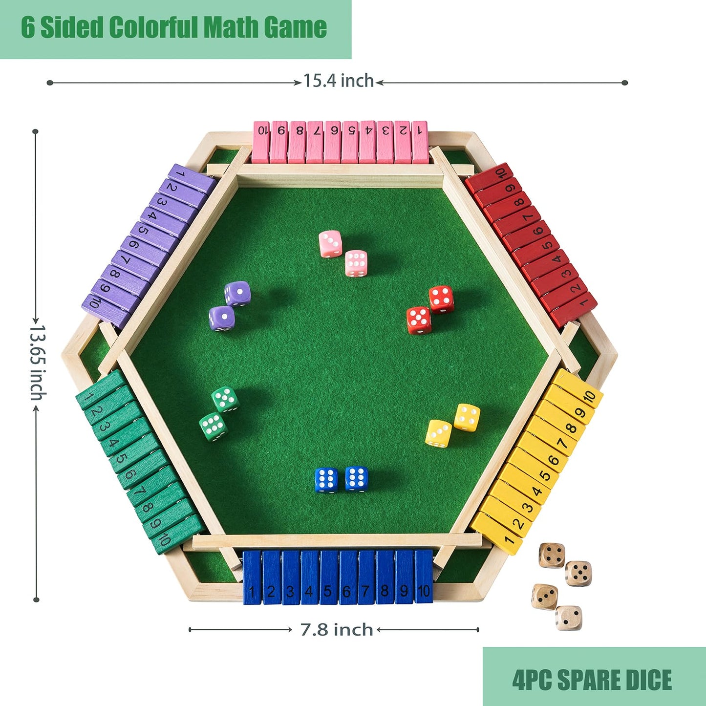 Vamslove Shut The Box Game for 6 Player with 12+4 Dice - Colorful 6 Sided Wooden Board Math Number Games for Kids Adults Families Party Club