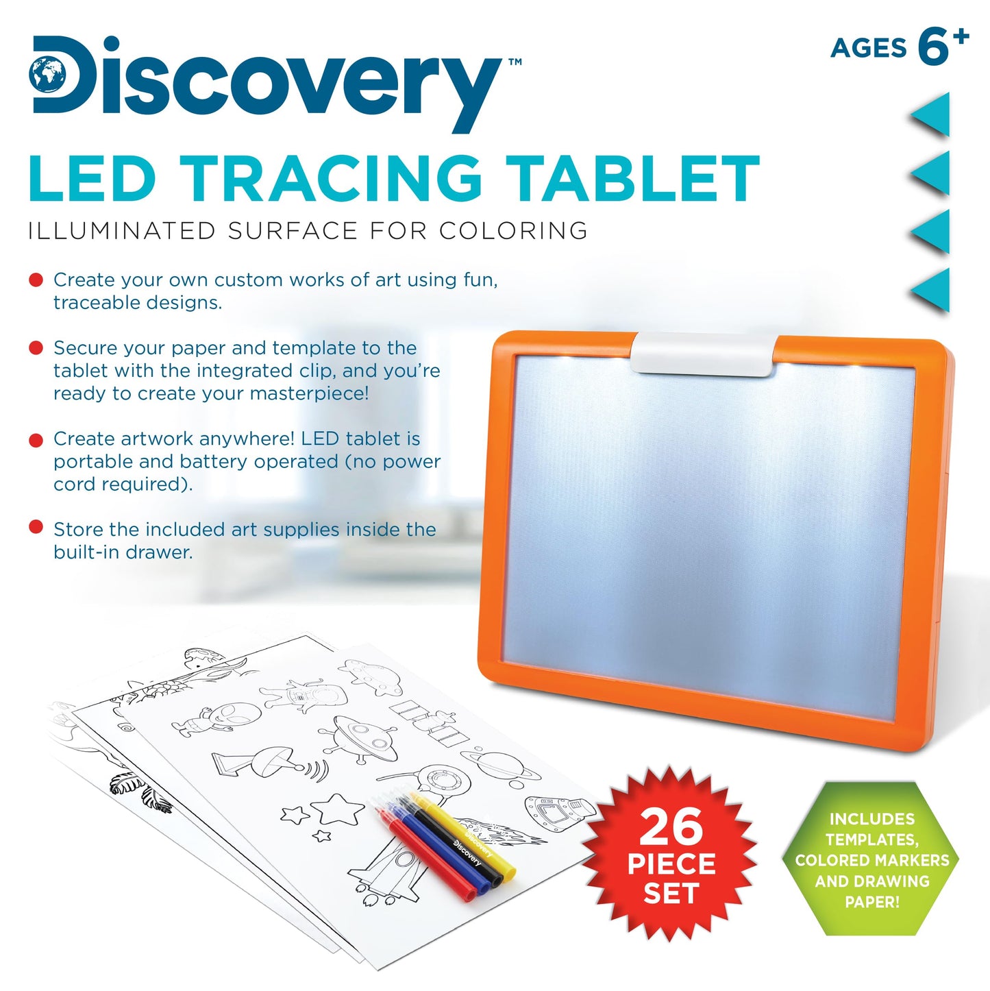 Discovery LED Tracing Tablet, 26-Piece Set with Washable Markers, Tracing & Template Sheets, Battery Powered Doodle Activity Lightboard, Kids Drawing