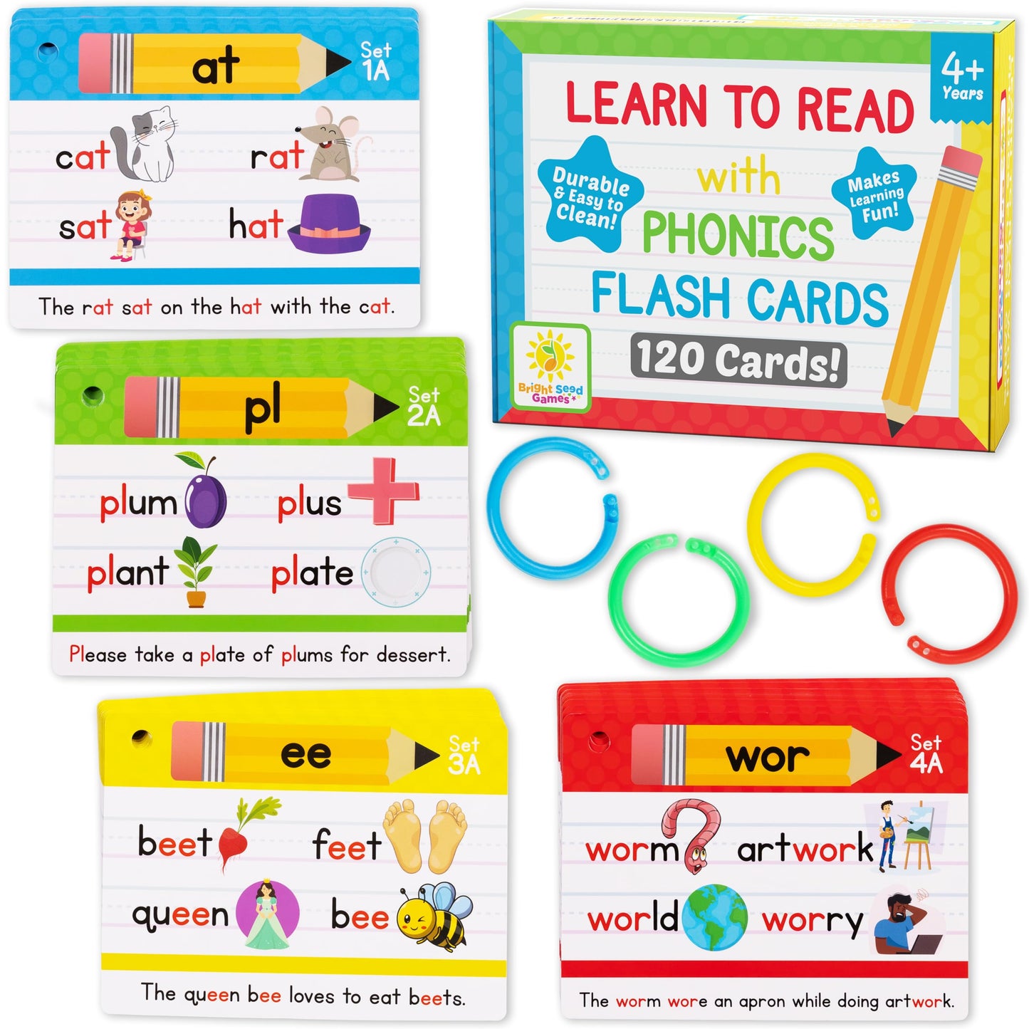 Bright Seed Phonics Flash Cards, Learn to Read, 120 Phonics Cards