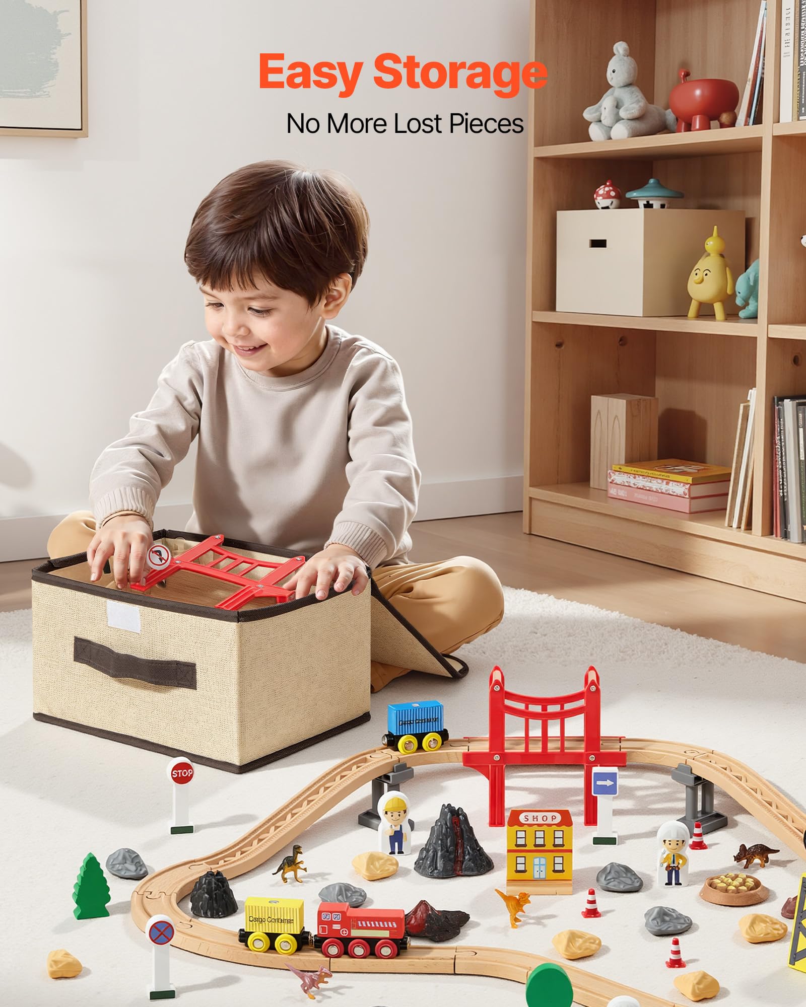 VEVOR 70PCS Wooden Train Set, with Magnetic Crane, Wood Train Track Toy for Kids Ages 3-8, Construction Crane Railway Set, Compatible with Major
