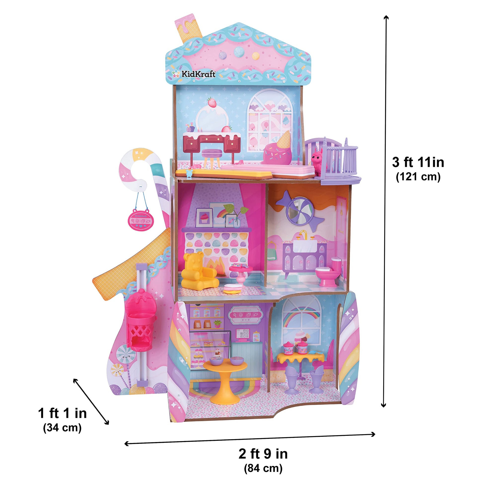 KidKraft 20242 Wooden Doll House Candy Castle Toy Set with Unicorn Llama Figure and Ice Cone Lift for Dolls, Toy for Children from 3 Years