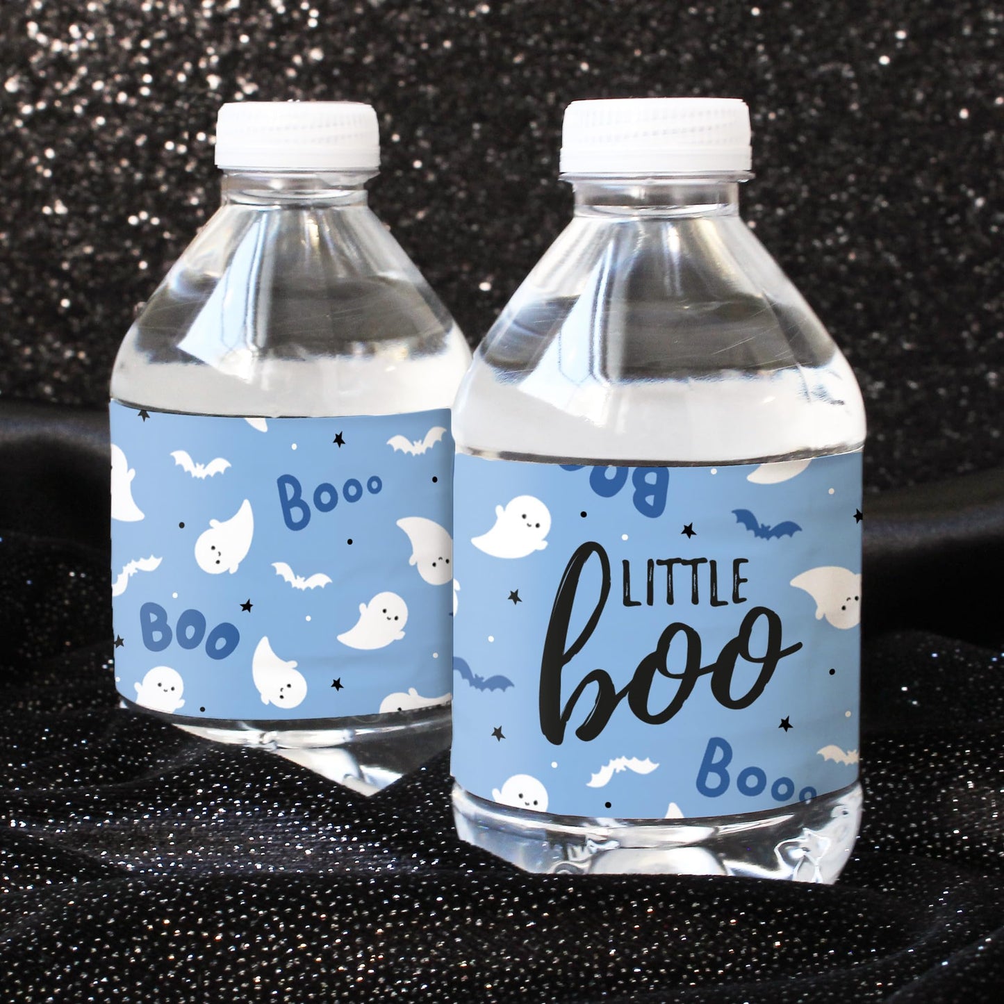Blue Little Boo Ghost Boy Baby Shower Water Bottle Labels, 20 Count
