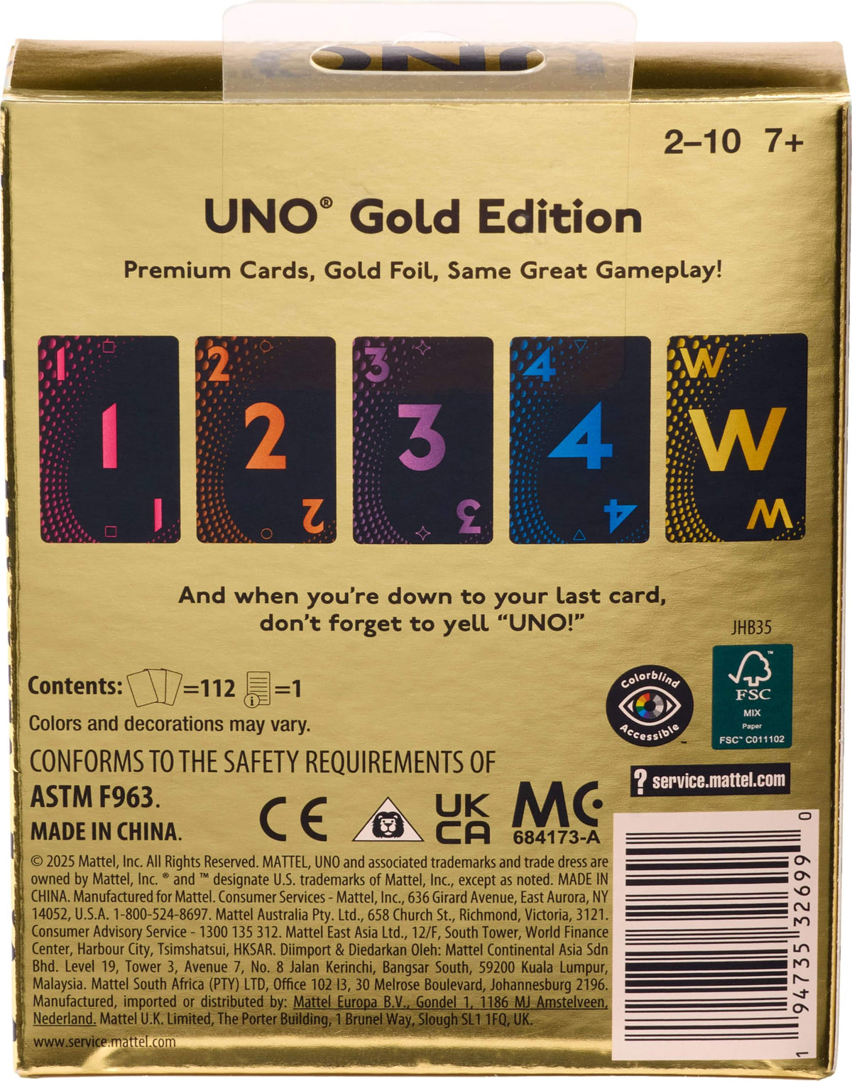 Mattel Games UNO Gold Edition Card Game, Ages 7+, 2-10 Players