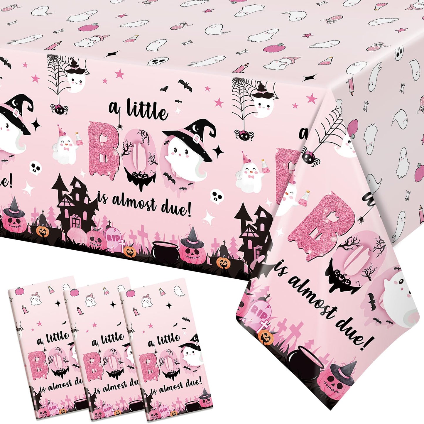Yavxzvbw 3Pcs A Little Boo is Almost Due Decorations Pink Halloween Tablecloth Little Boo Baby Shower Decorations Girl for Halloween Baby Shower