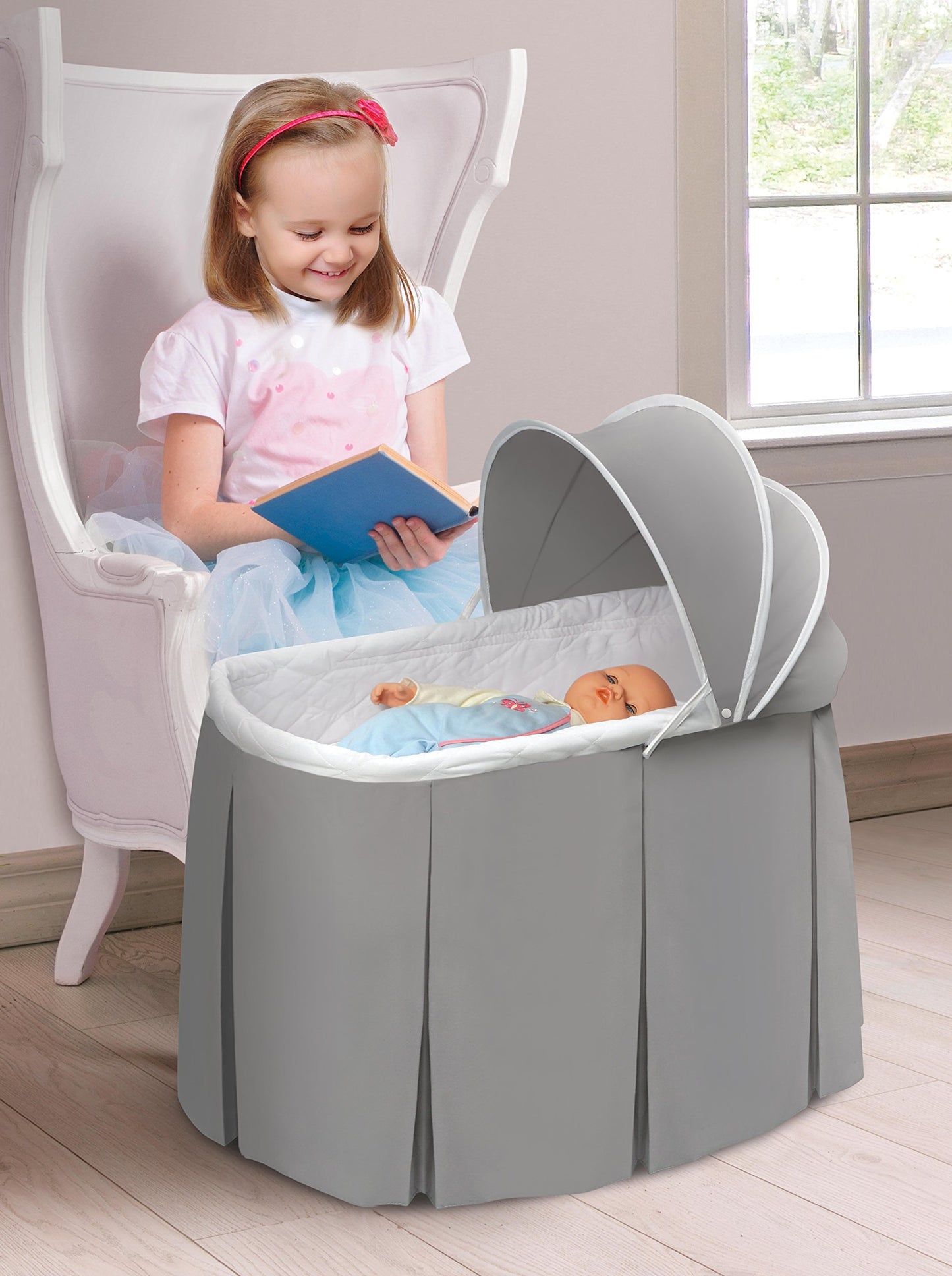 Badger Basket Cuddles Doll Bassinet with Canopy - Fits 18 to 20 Inch Dolls, Includes Storage Basket and Bedding - Pretend Play Nursery Bed for Kids