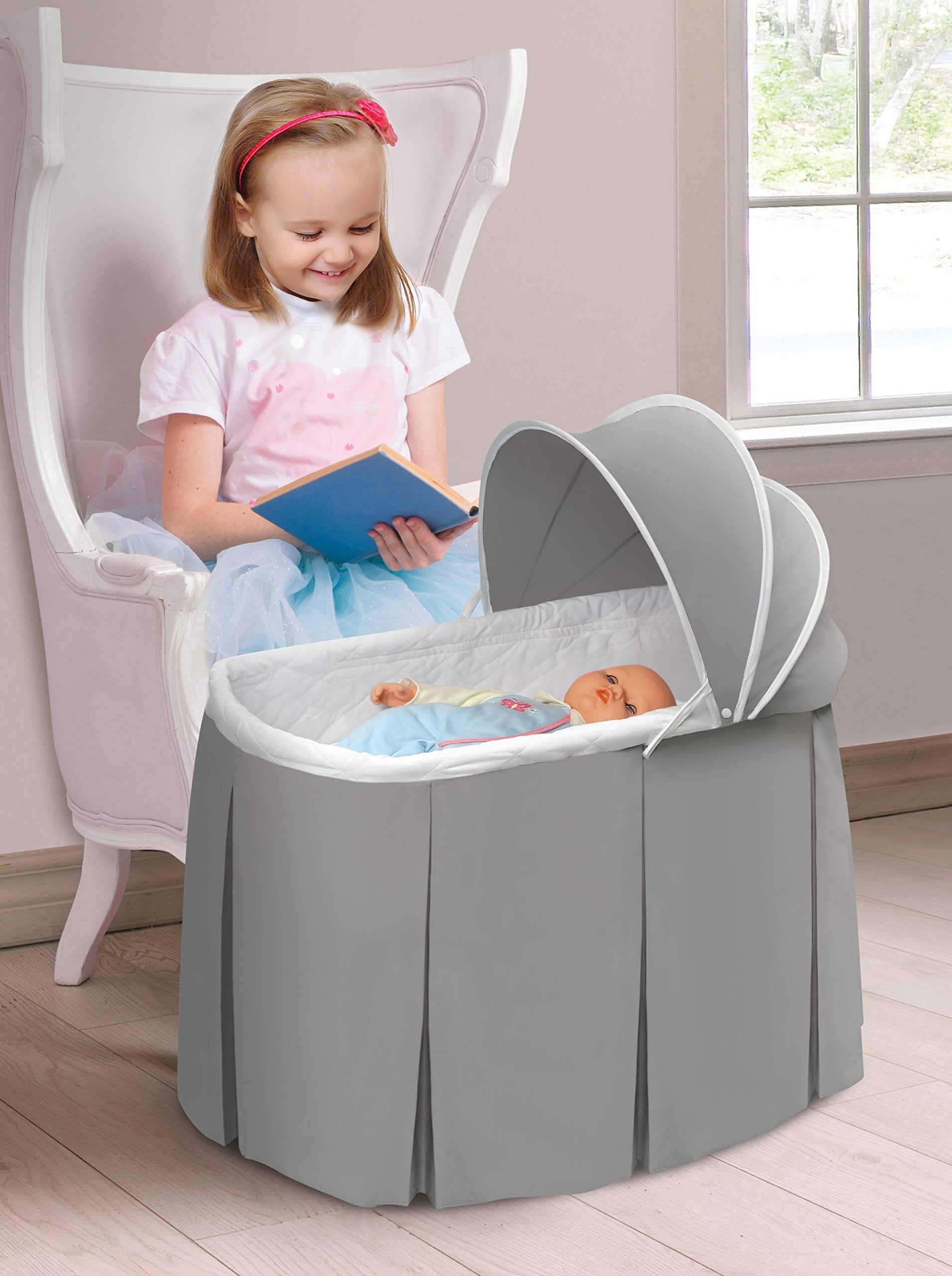 Badger Basket Cuddles Doll Bassinet with Canopy - Fits 18 to 20 Inch Dolls, Includes Storage Basket and Bedding - Pretend Play Nursery Bed for Kids
