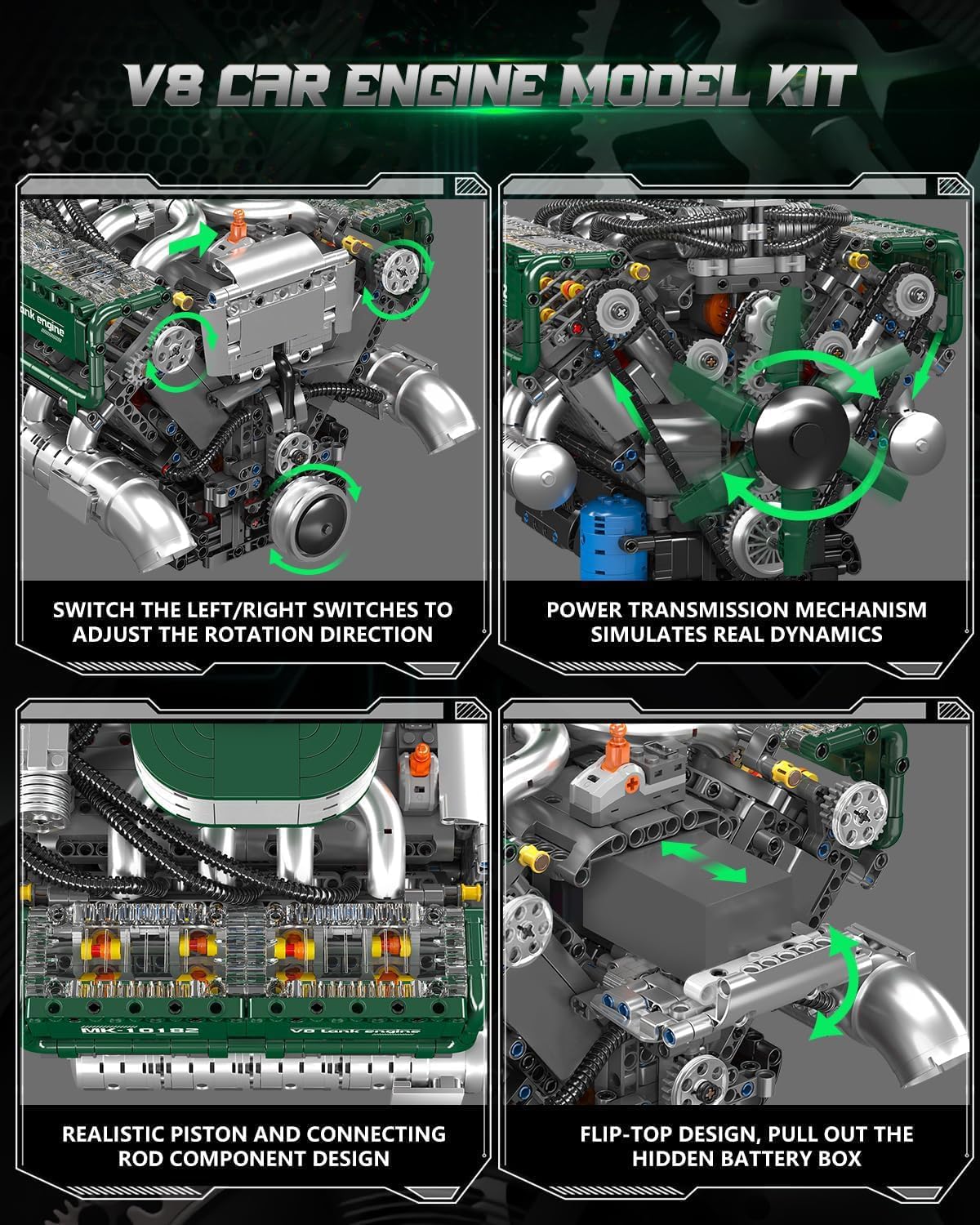 Mould King 10182 V8 Engine Building Blocks Sets, MOC V8 Tank Engine Model Kit with Battery and Motor, Collectable 8-Cylinder Combustion Car Engine