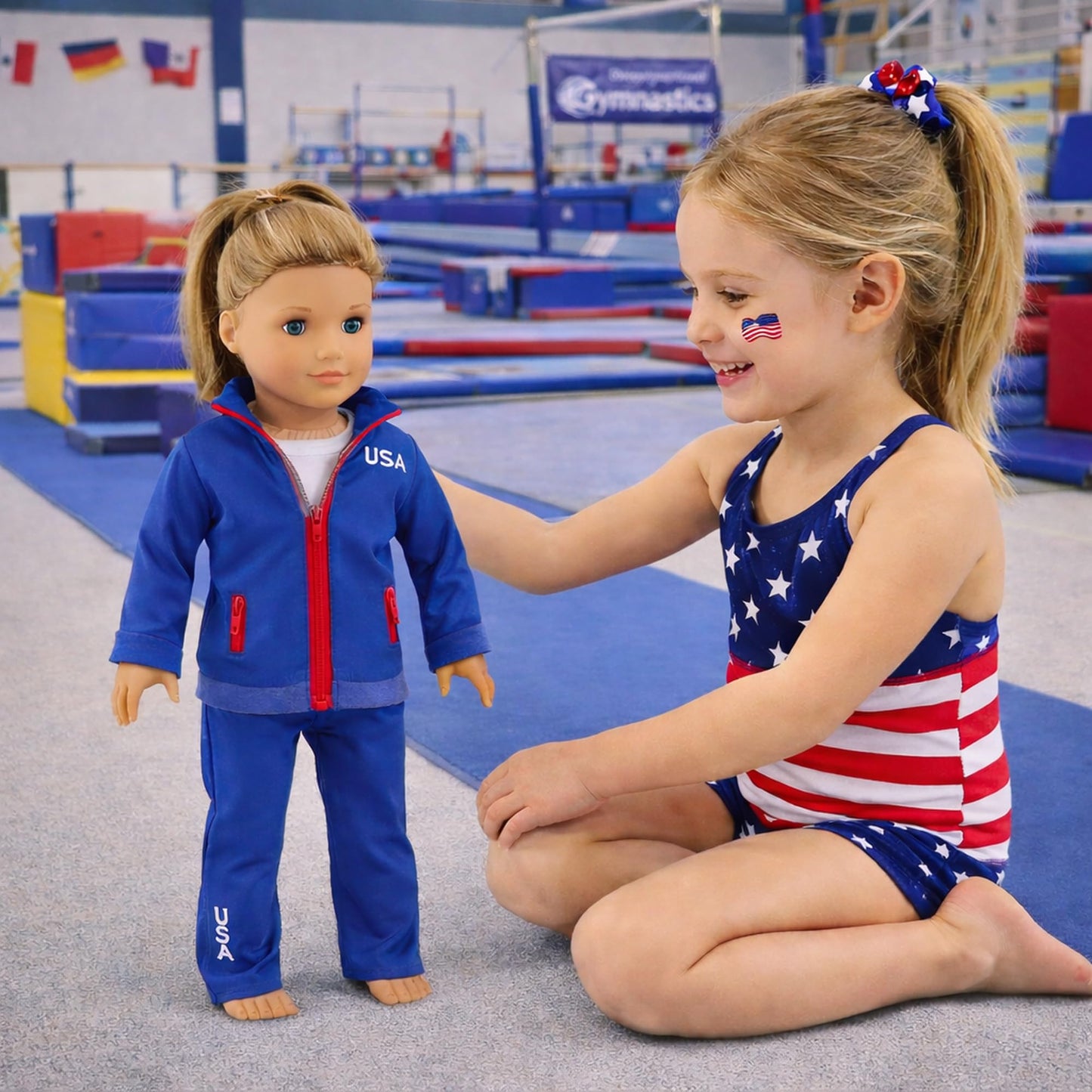 Emily Rose 18 Inch Doll Clothes - 2-Piece Athletic Warm Up Set with Zip-Up Jacket & Matching Pants | Red Blue | Signature Gift Box | Fits American