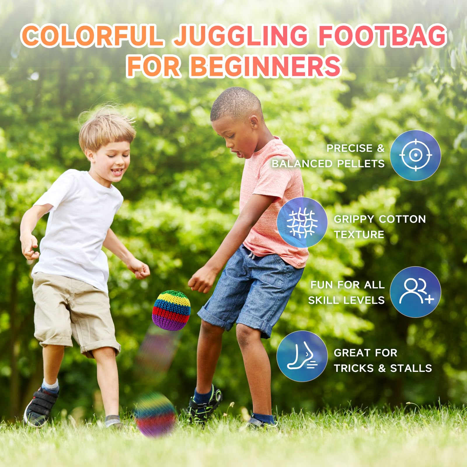 TLM 6PCs Rainbow Knitted Footbags Set - Colorful Crochet Foot Bag Kick Balls for Adults and Beginners, Small Kick Sack for Juggling Practice, Indoor