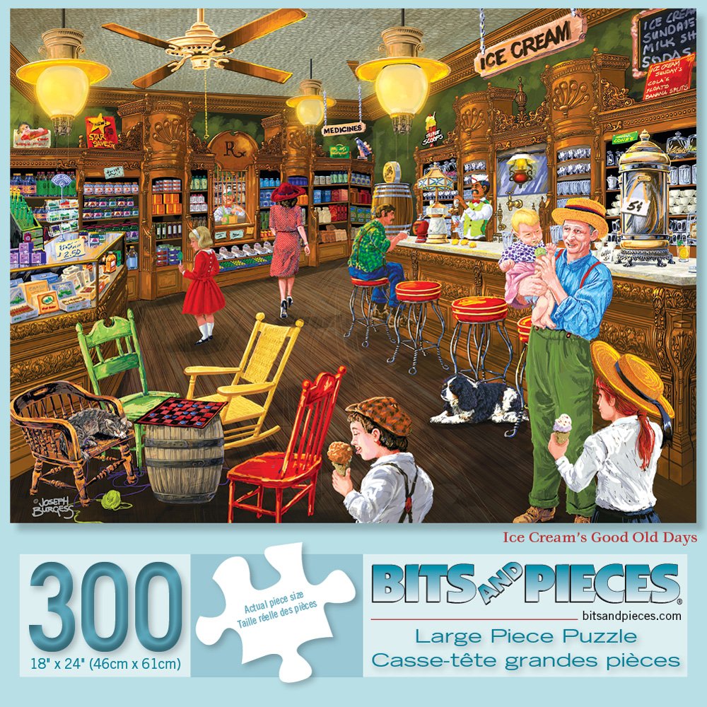 Bits and Pieces - 300 Large Piece Jigsaw Puzzle for Adults - Ice Cream's Good Old Days - 300 pc Small Town Store Jigsaw by Artist Joseph Burgess