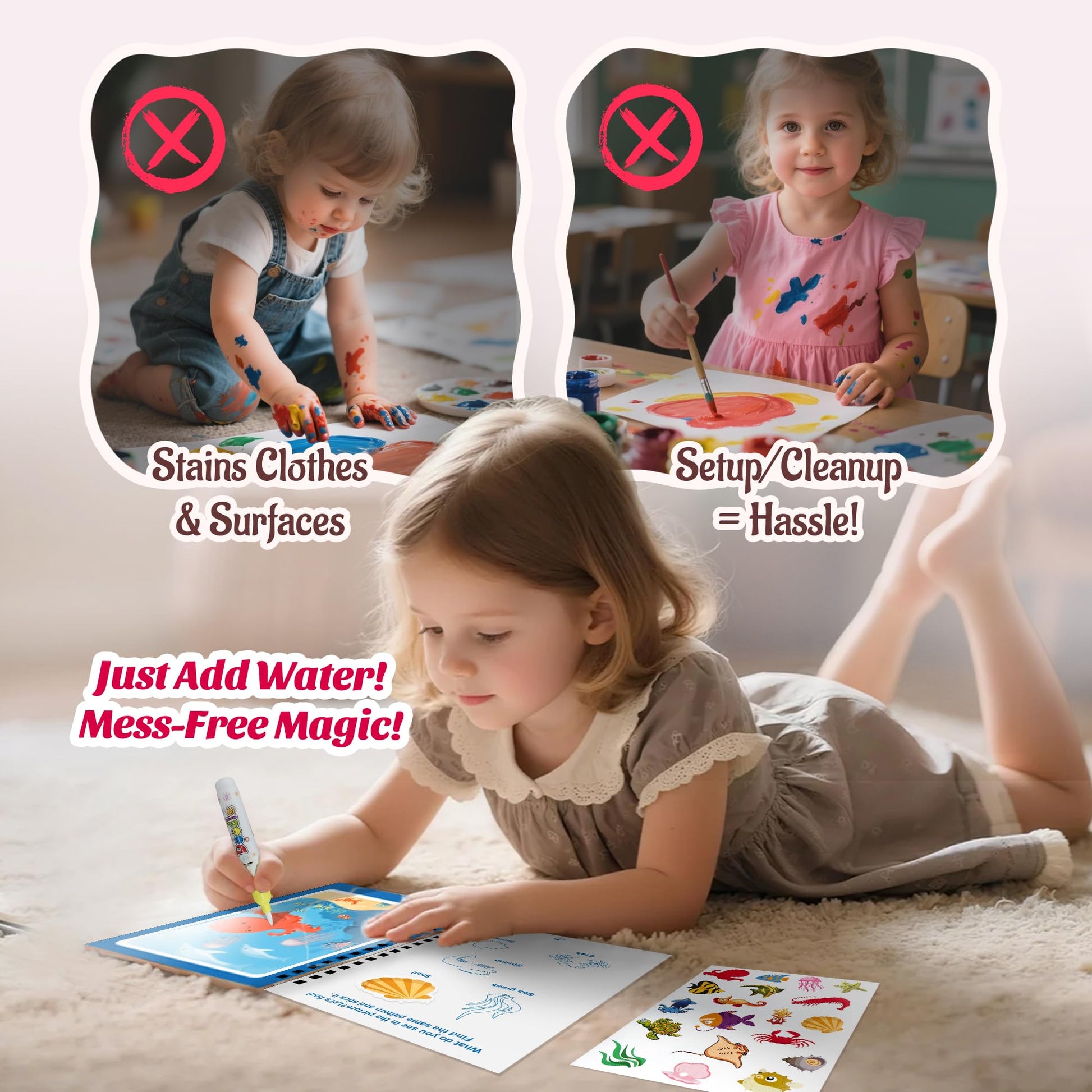 Reusable Paint With Water Books for Kids with 18+ Stickers & No Mess Pen, Sea World Theme Magic Coloring Book for Toddlers 1-3, Paint With Water Books