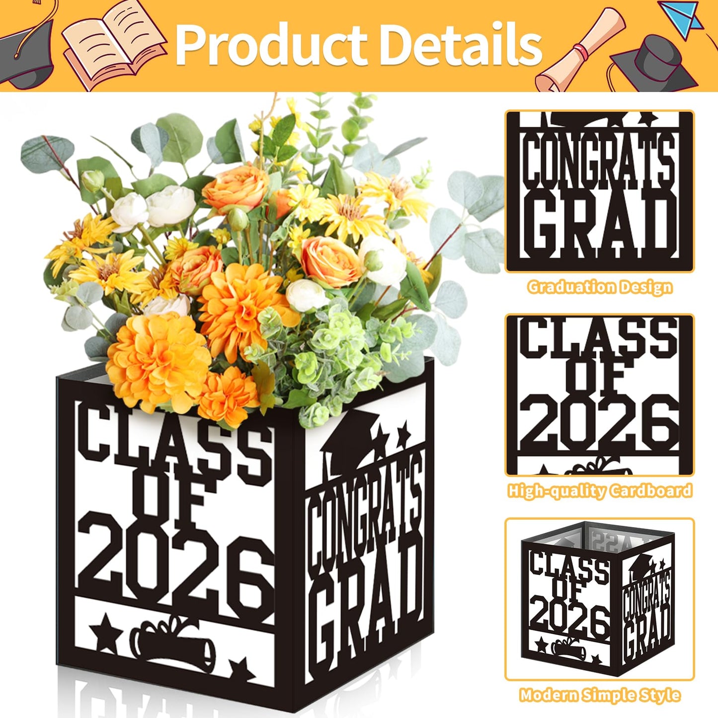 4 Pack 7x7x7.5 Inches Black and White Graduation Centerpiece Boxes with Laser-Cut 'Congrats Grad Class of 2026' Lettering, Perfect for Grad Party